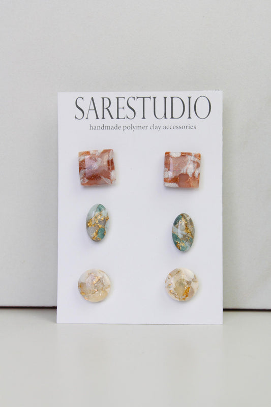 Stud Polymer Clay Earring Set of 3 - Clay Stud Pack - Gift for her - Christmas Gift - Neutral Earring Set - Marble Stud Earrings