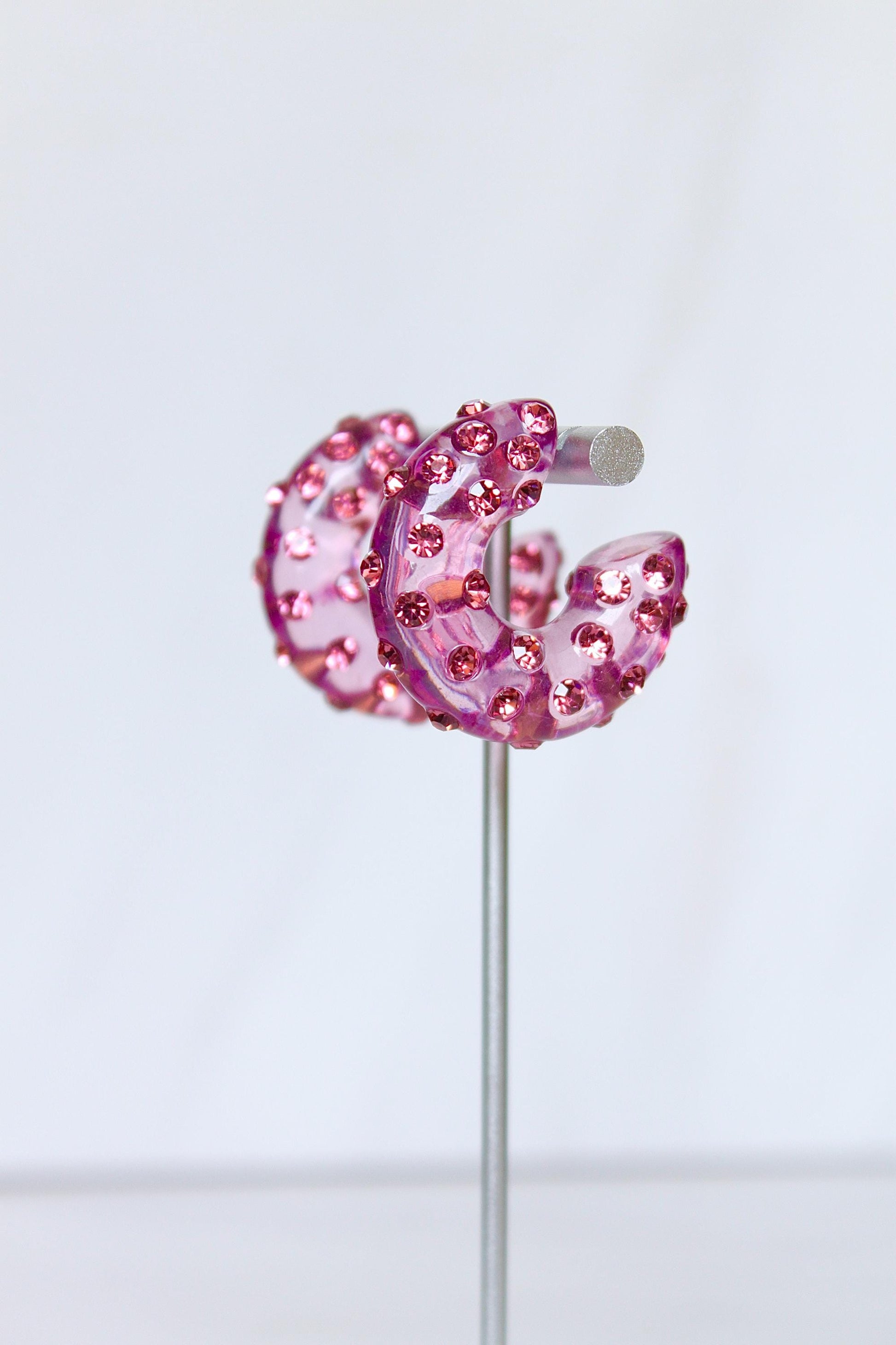 Pink Resin Rhinestone Hoop Earrings, Women Resin Hoops, Women Rhinestone Hoop Earrings