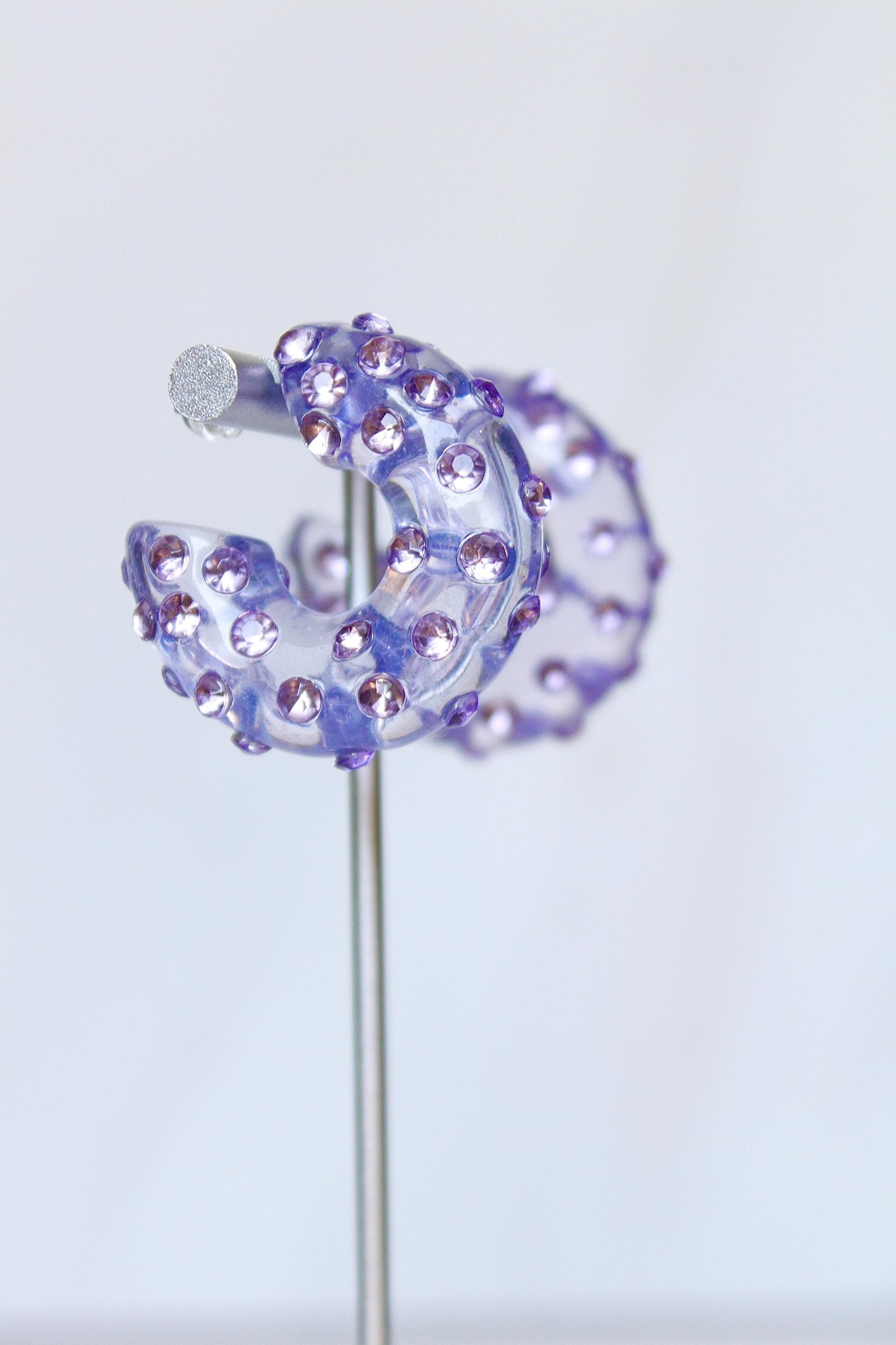 Purple Resin Rhinestone Hoop Earrings, Women Resin Hoops, Women Rhinestone Hoop Earrings