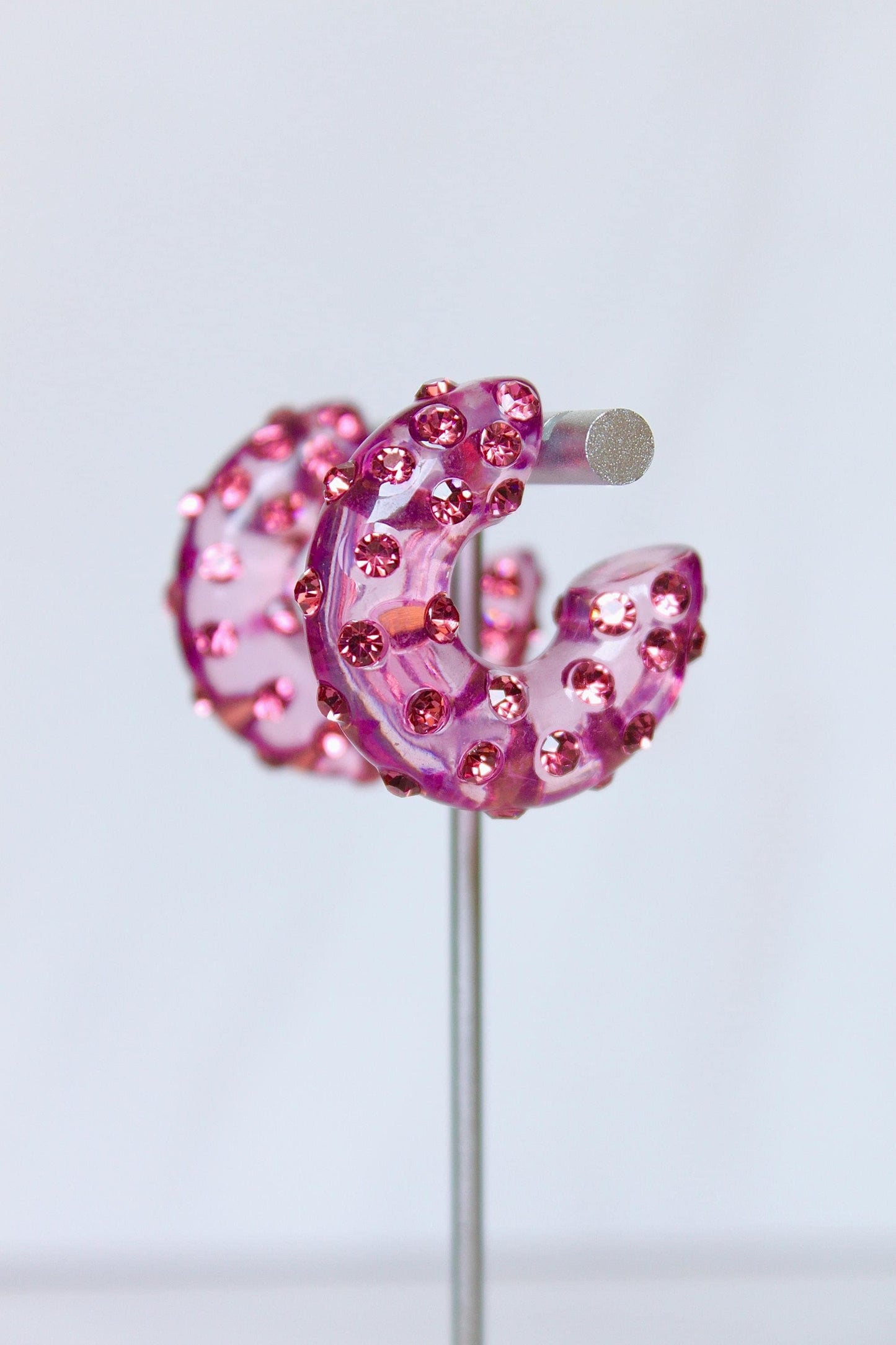 Pink Resin Rhinestone Hoop Earrings, Women Resin Hoops, Women Rhinestone Hoop Earrings
