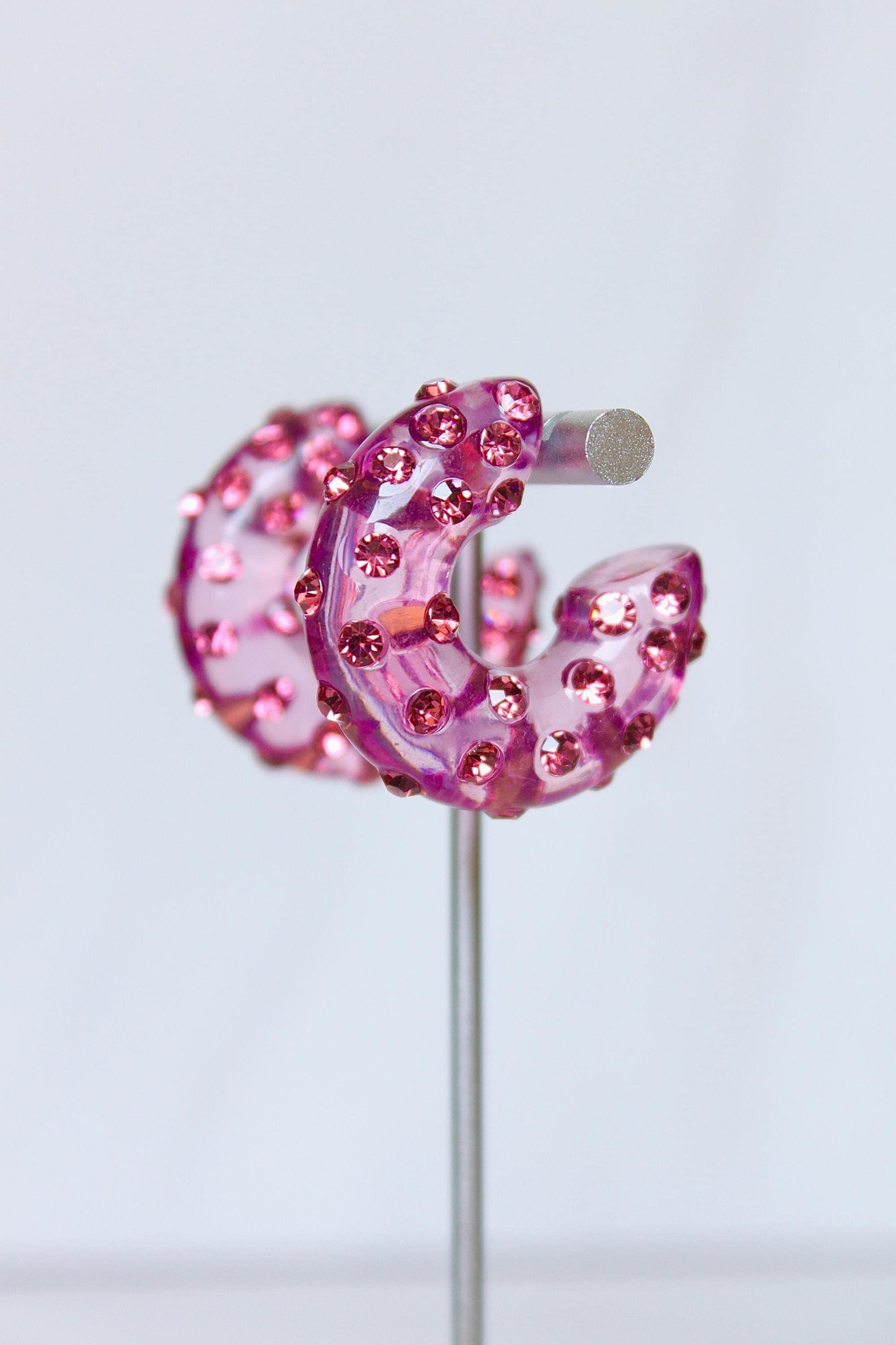 Pink Resin Rhinestone Hoop Earrings, Women Resin Hoops, Women Rhinestone Hoop Earrings