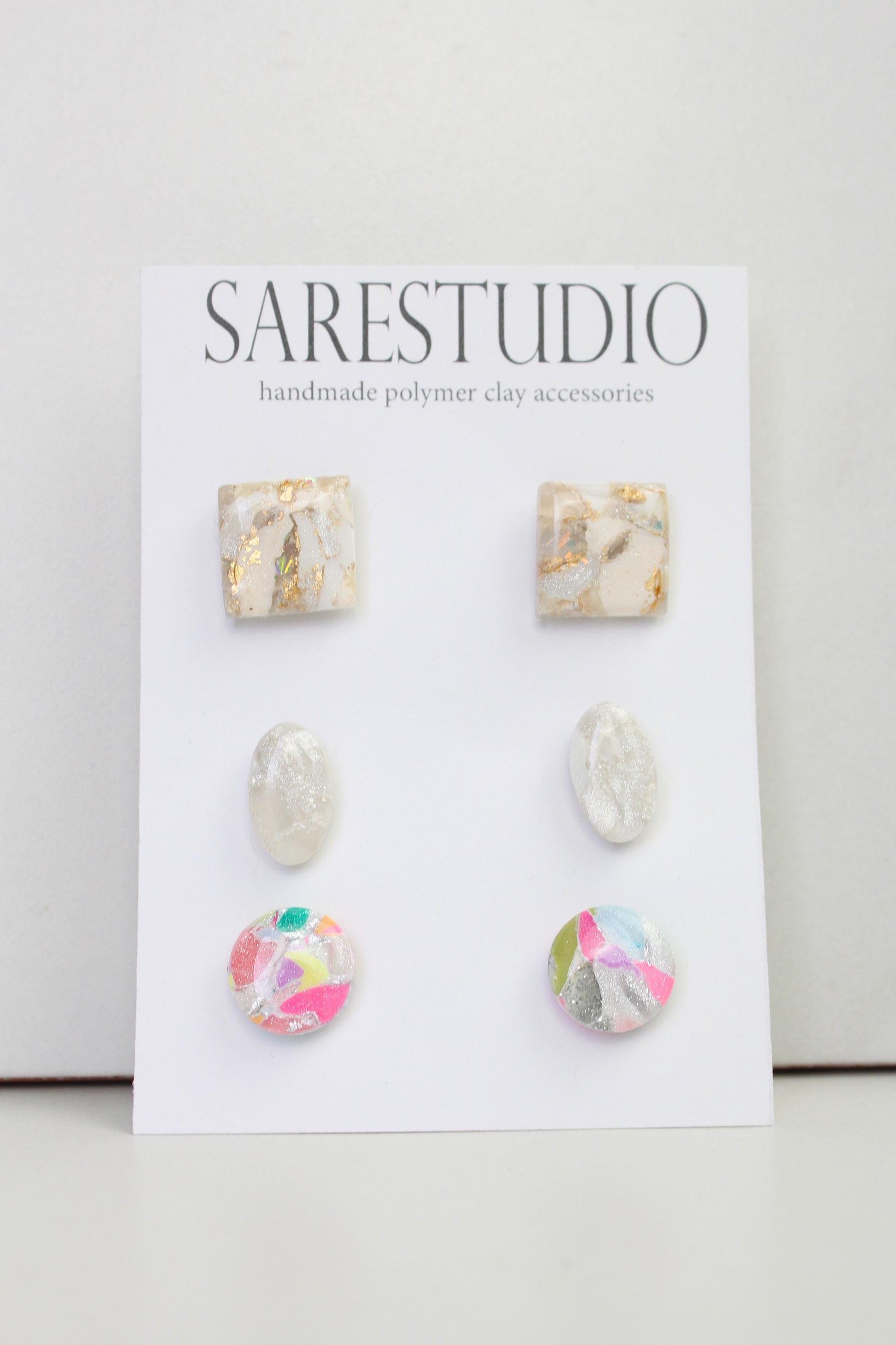 Stud Polymer Clay Earring Set of 3 - Clay Stud Pack - Gift for her - Christmas Gift - Neutral Earring Set - Marble Stud Earrings