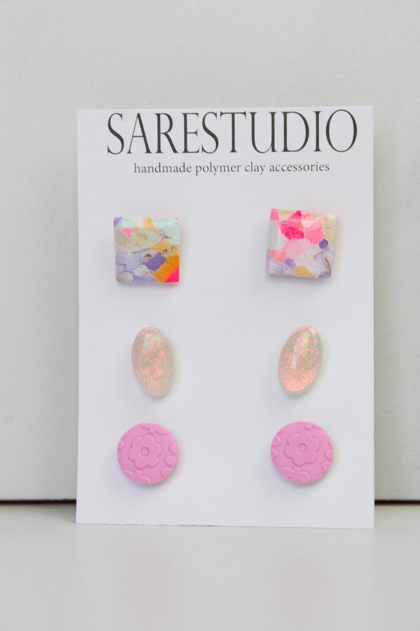 Stud Polymer Clay Earring Set of 3 - Clay Stud Pack - Gift for her - Christmas Gift - Neutral Earring Set - Marble Stud Earrings