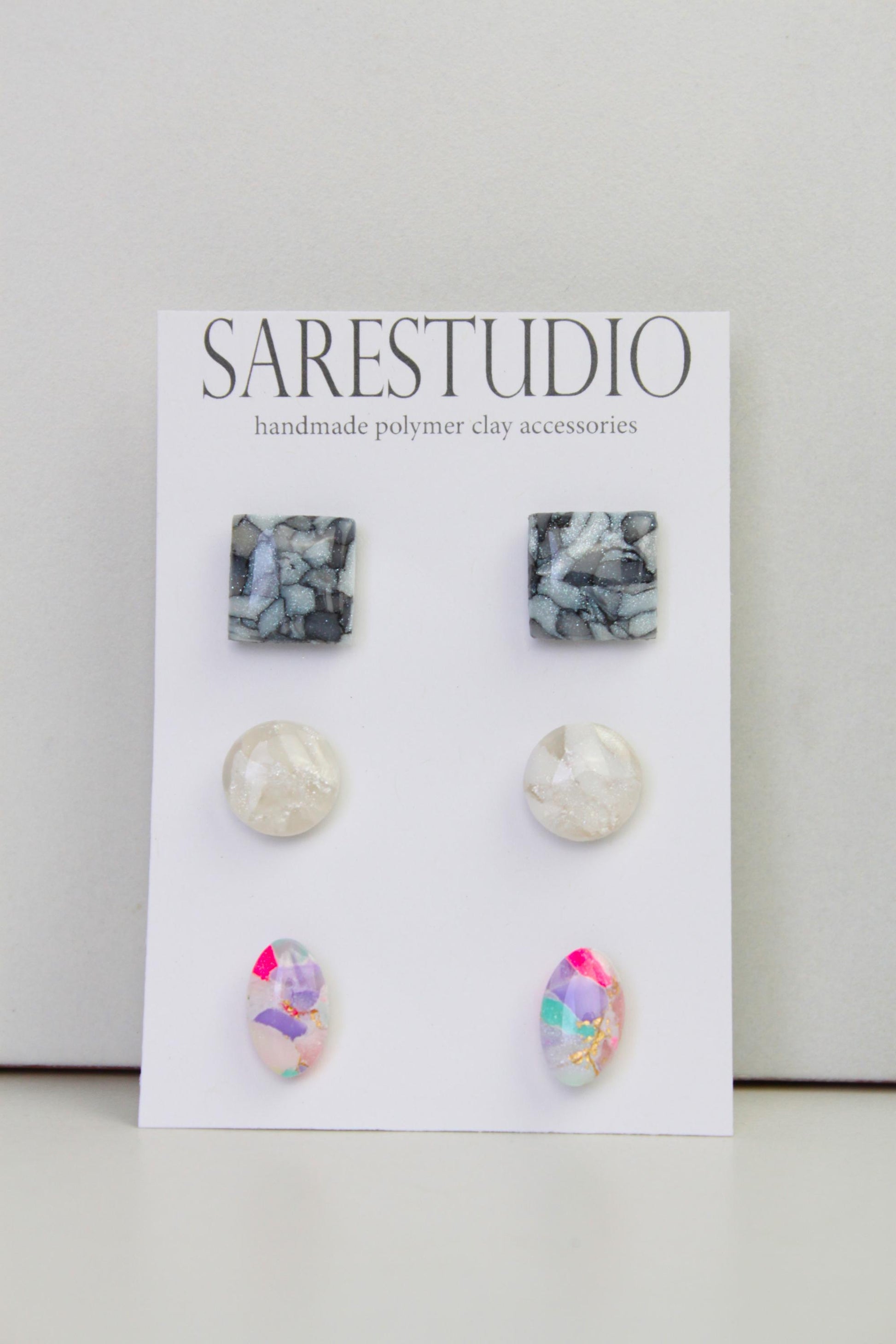 Stud Polymer Clay Earring Set of 3 - Clay Stud Pack - Gift for her - Christmas Gift - Neutral Earring Set - Marble Stud Earrings