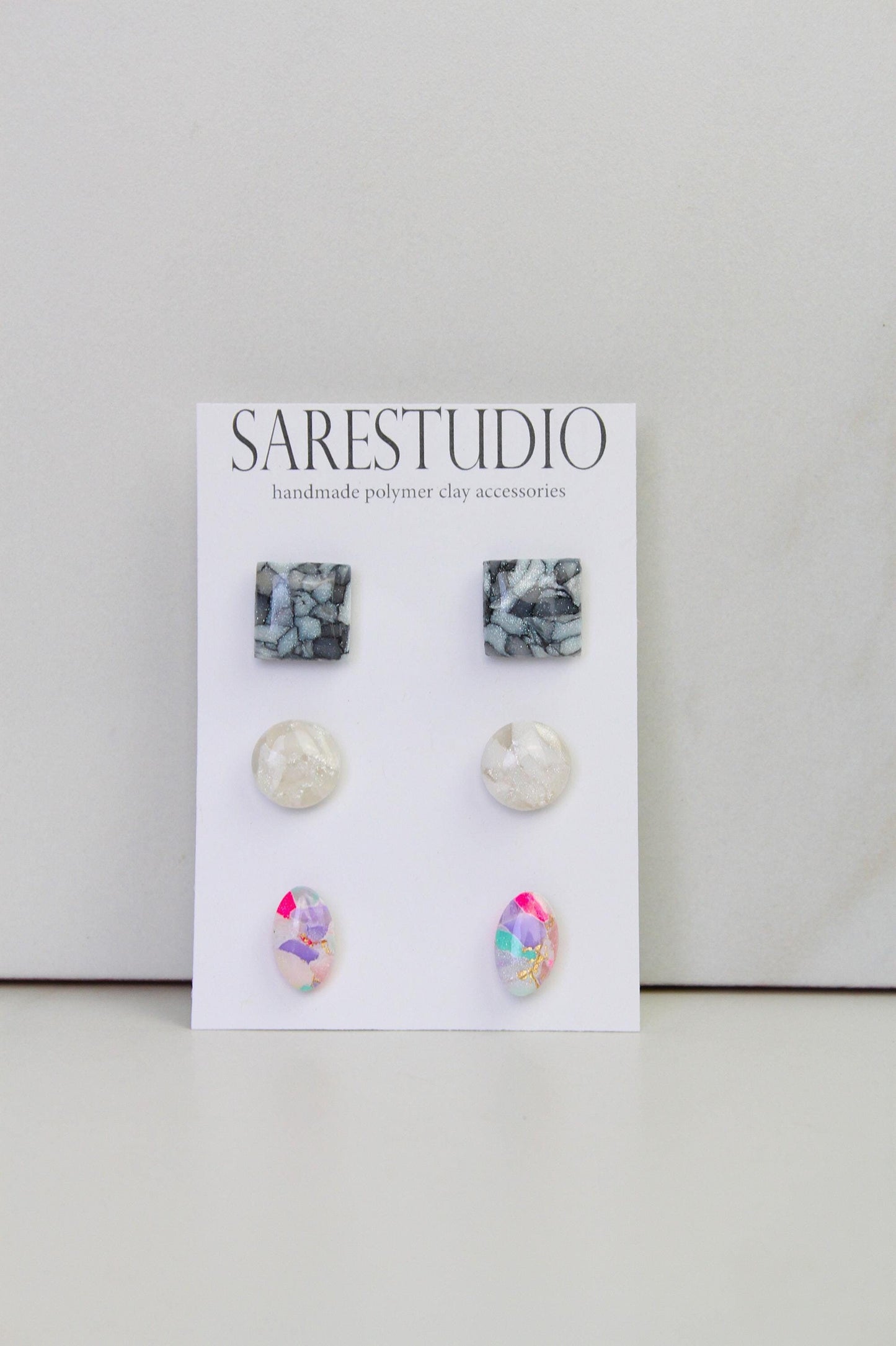 Stud Polymer Clay Earring Set of 3 - Clay Stud Pack - Gift for her - Christmas Gift - Neutral Earring Set - Marble Stud Earrings