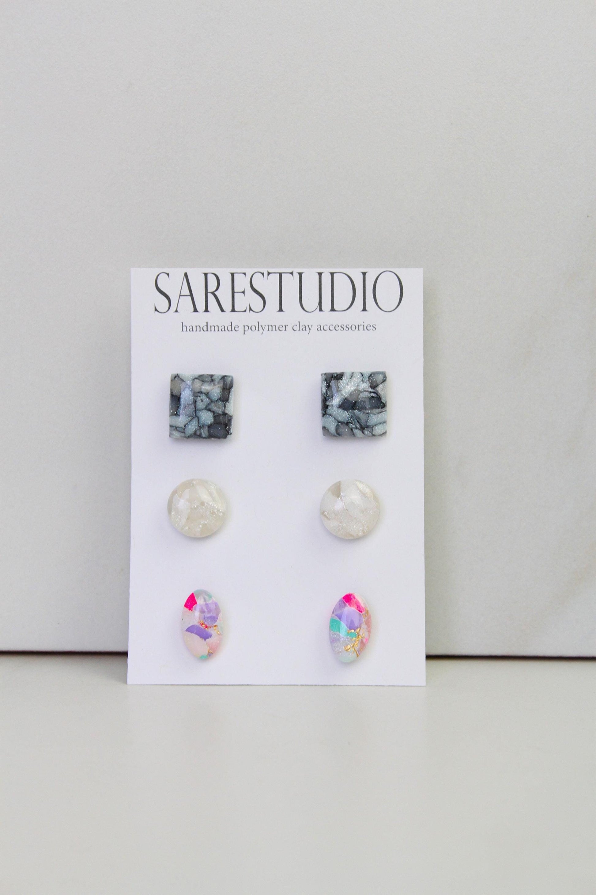 Stud Polymer Clay Earring Set of 3 - Clay Stud Pack - Gift for her - Christmas Gift - Neutral Earring Set - Marble Stud Earrings