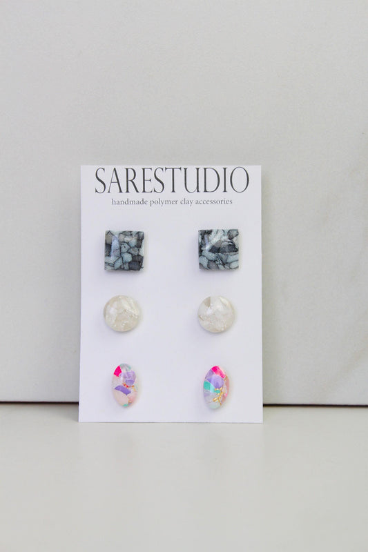 Stud Polymer Clay Earring Set of 3 - Clay Stud Pack - Gift for her - Christmas Gift - Neutral Earring Set - Marble Stud Earrings