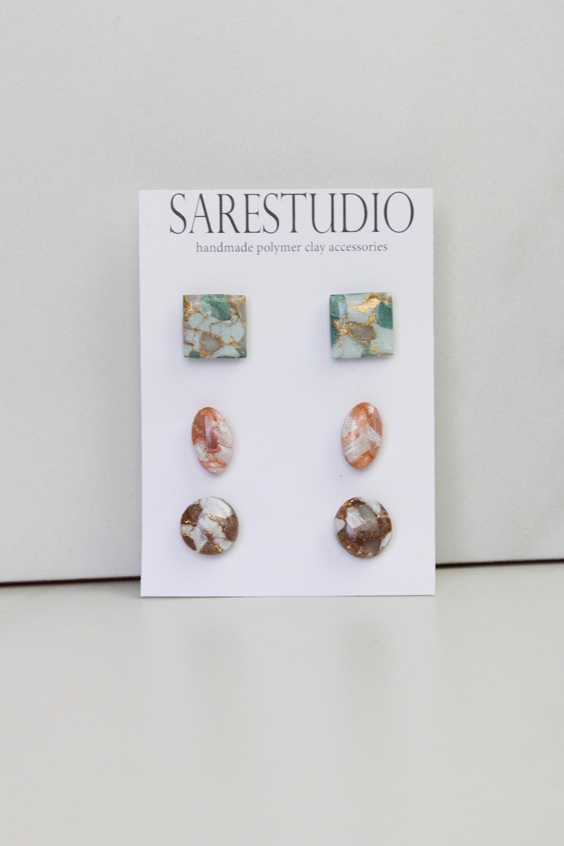 Stud Polymer Clay Earring Set of 3 - Clay Stud Pack - Gift for her - Christmas Gift - Neutral Earring Set - Marble Stud Earrings