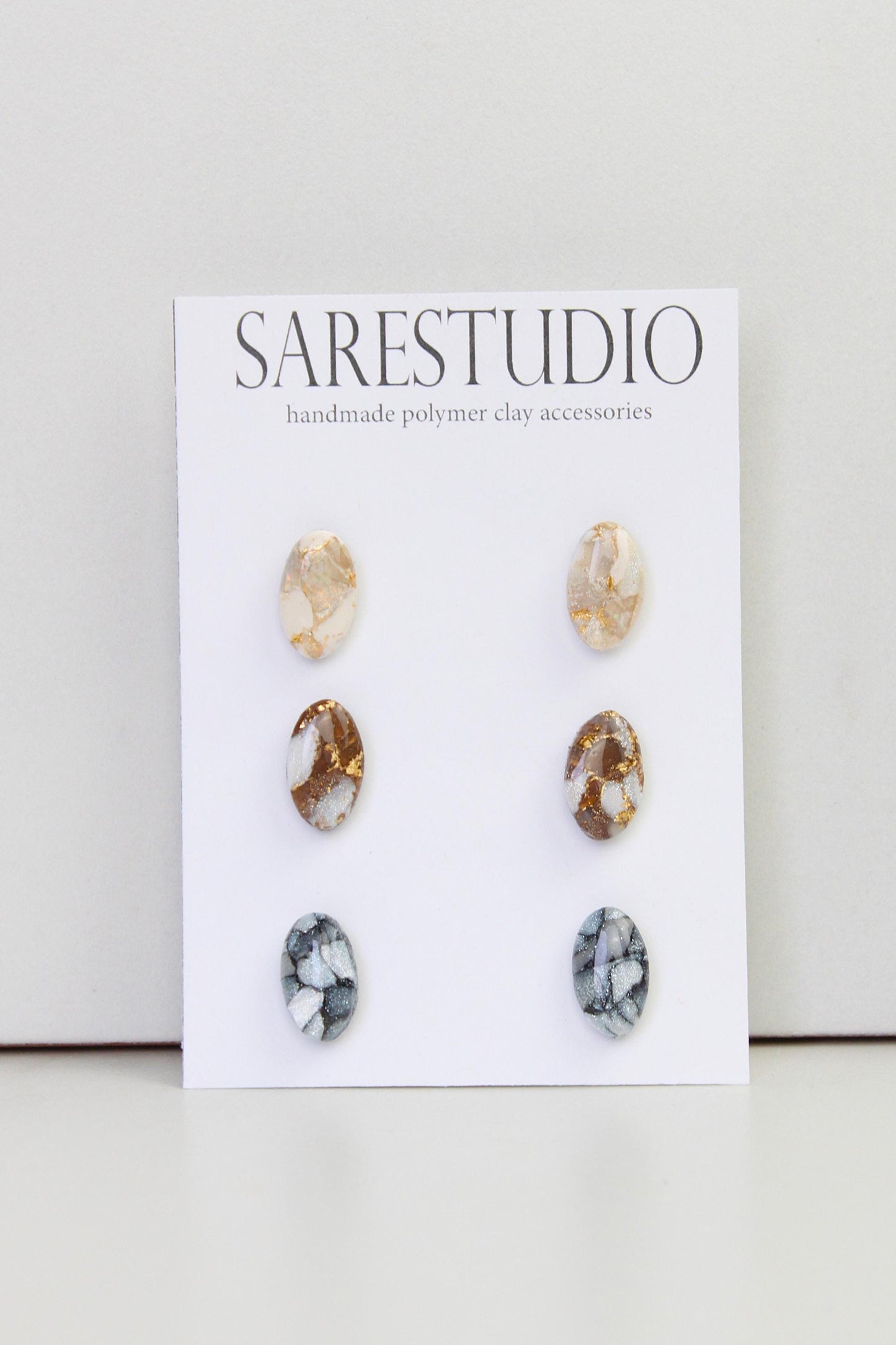 Stud Polymer Clay Earring Set of 3 - Clay Stud Pack - Gift for her - Christmas Gift - Neutral Earring Set - Marble Stud Earrings