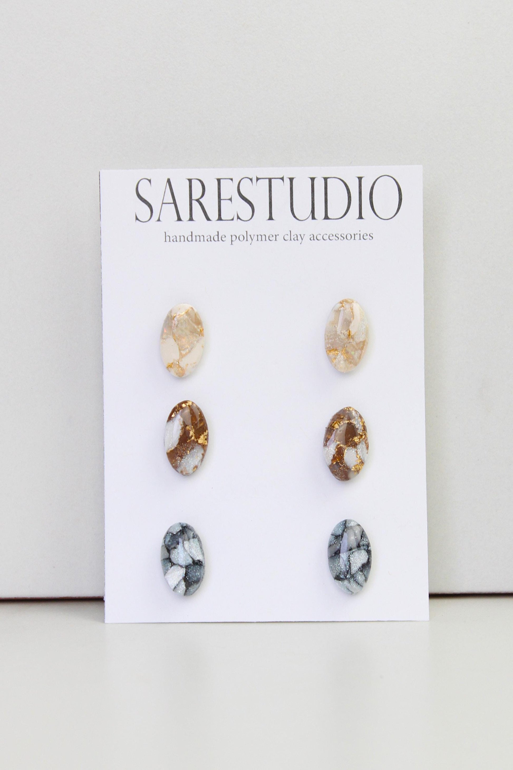 Stud Polymer Clay Earring Set of 3 - Clay Stud Pack - Gift for her - Christmas Gift - Neutral Earring Set - Marble Stud Earrings