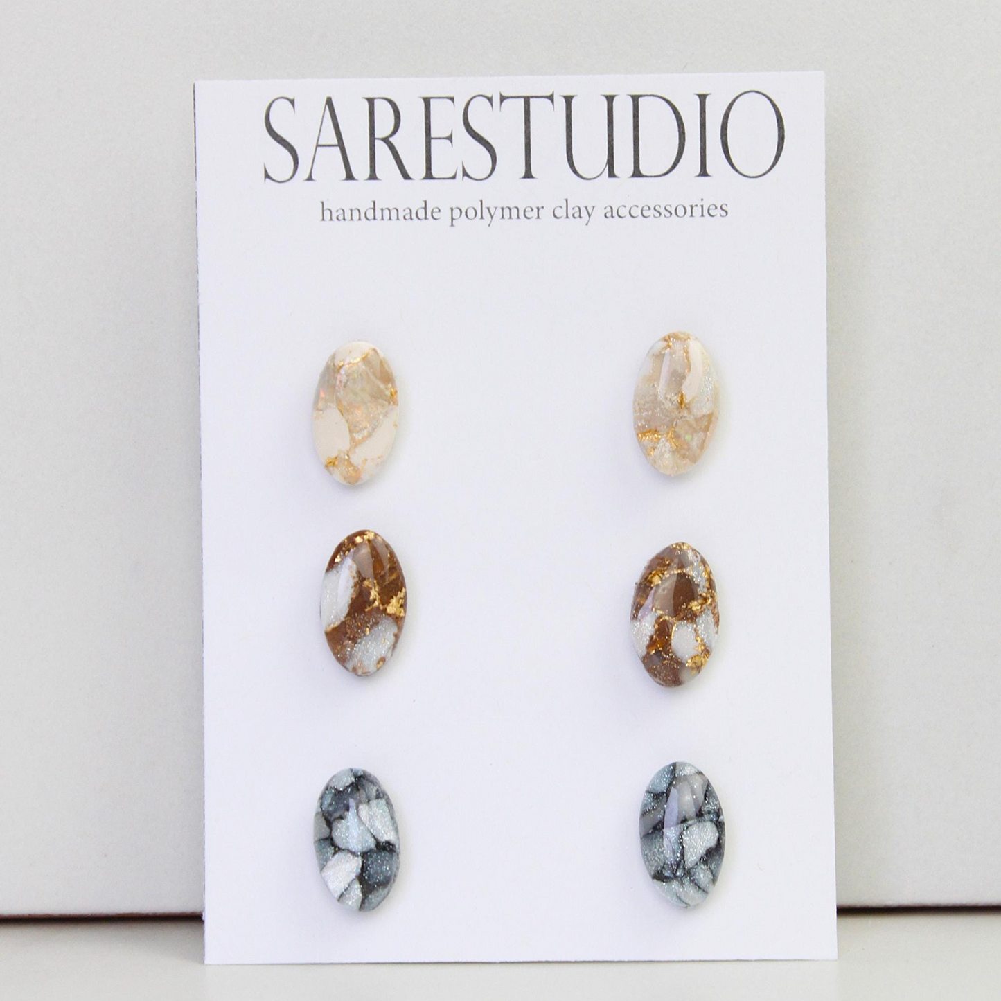Stud Polymer Clay Earring Set of 3 - Clay Stud Pack - Gift for her - Christmas Gift - Neutral Earring Set - Marble Stud Earrings
