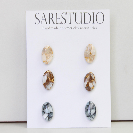 Stud Polymer Clay Earring Set of 3 - Clay Stud Pack - Gift for her - Christmas Gift - Neutral Earring Set - Marble Stud Earrings