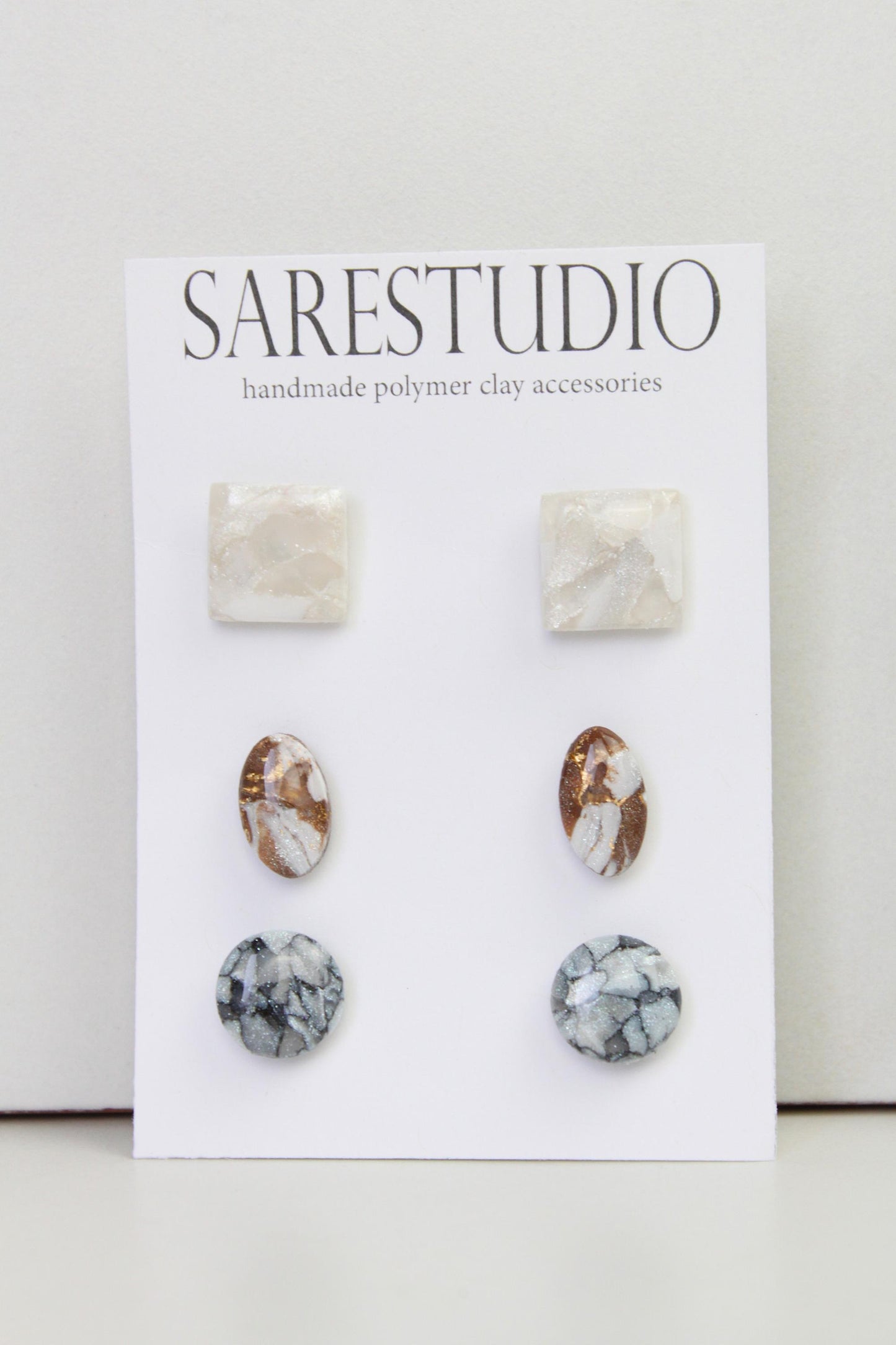 Stud Polymer Clay Earring Set of 3 - Clay Stud Pack - Gift for her - Christmas Gift - Neutral Earring Set - Marble Stud Earrings
