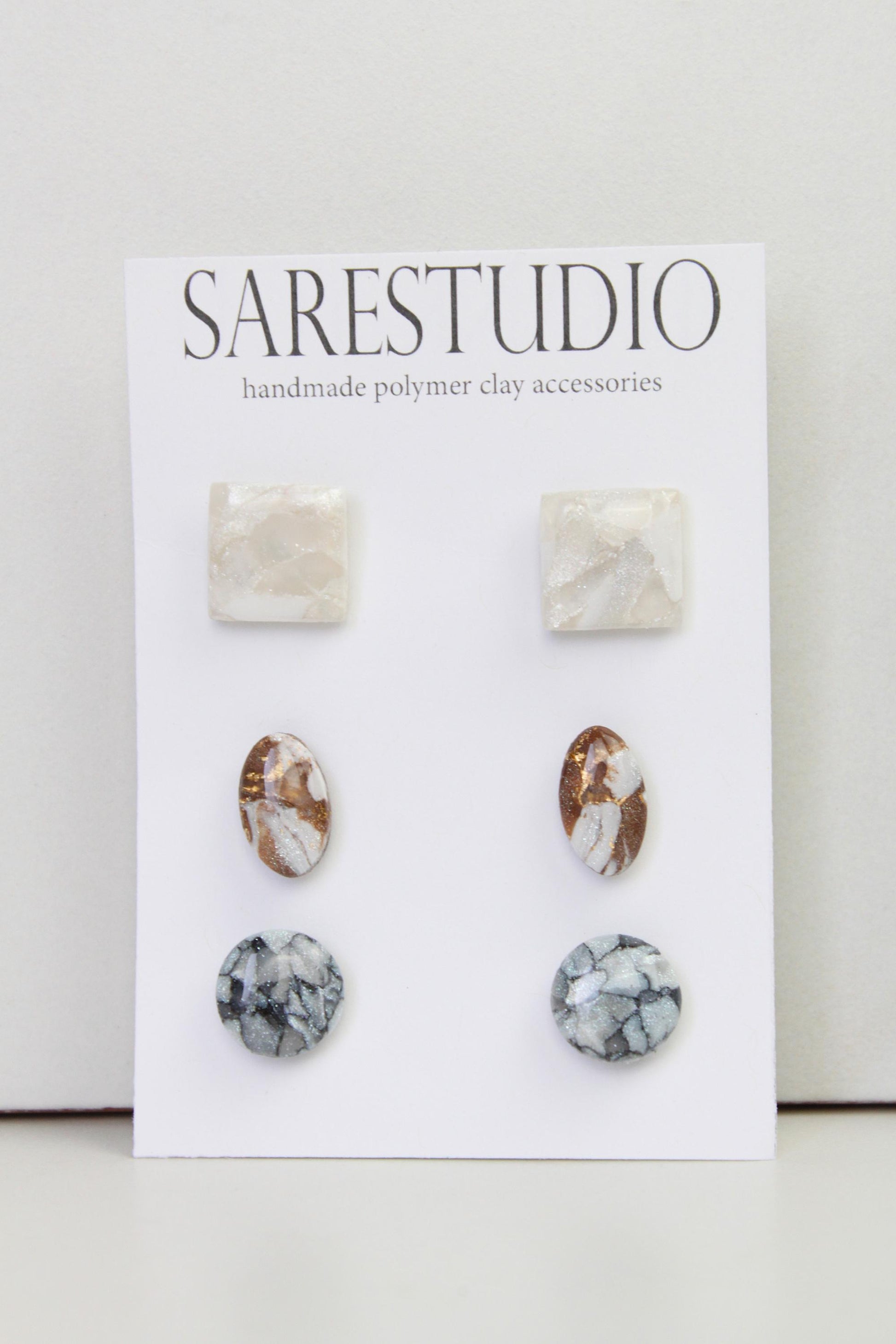 Stud Polymer Clay Earring Set of 3 - Clay Stud Pack - Gift for her - Christmas Gift - Neutral Earring Set - Marble Stud Earrings