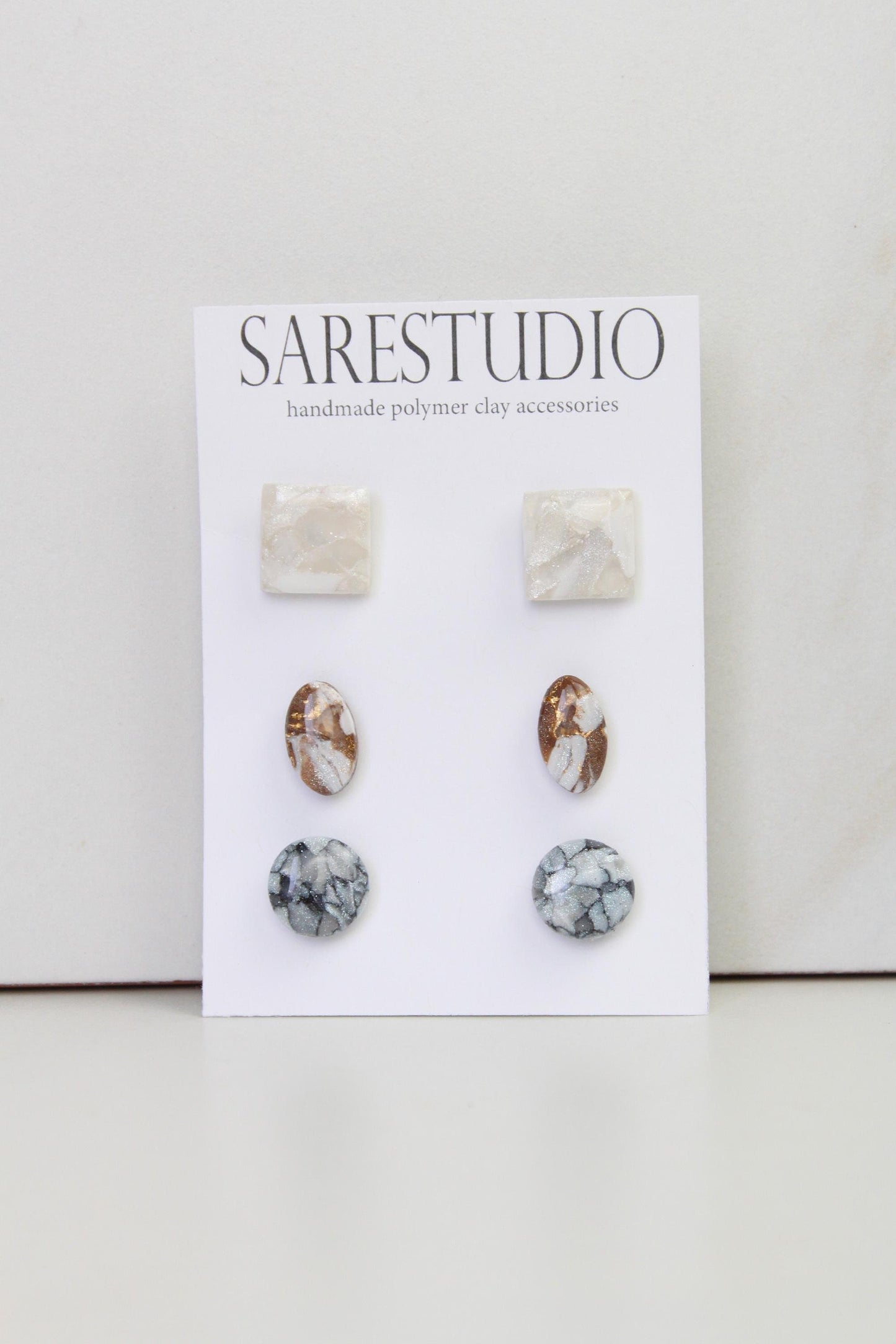 Stud Polymer Clay Earring Set of 3 - Clay Stud Pack - Gift for her - Christmas Gift - Neutral Earring Set - Marble Stud Earrings