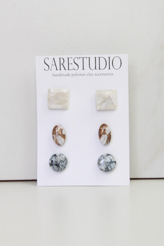 Stud Polymer Clay Earring Set of 3 - Clay Stud Pack - Gift for her - Christmas Gift - Neutral Earring Set - Marble Stud Earrings