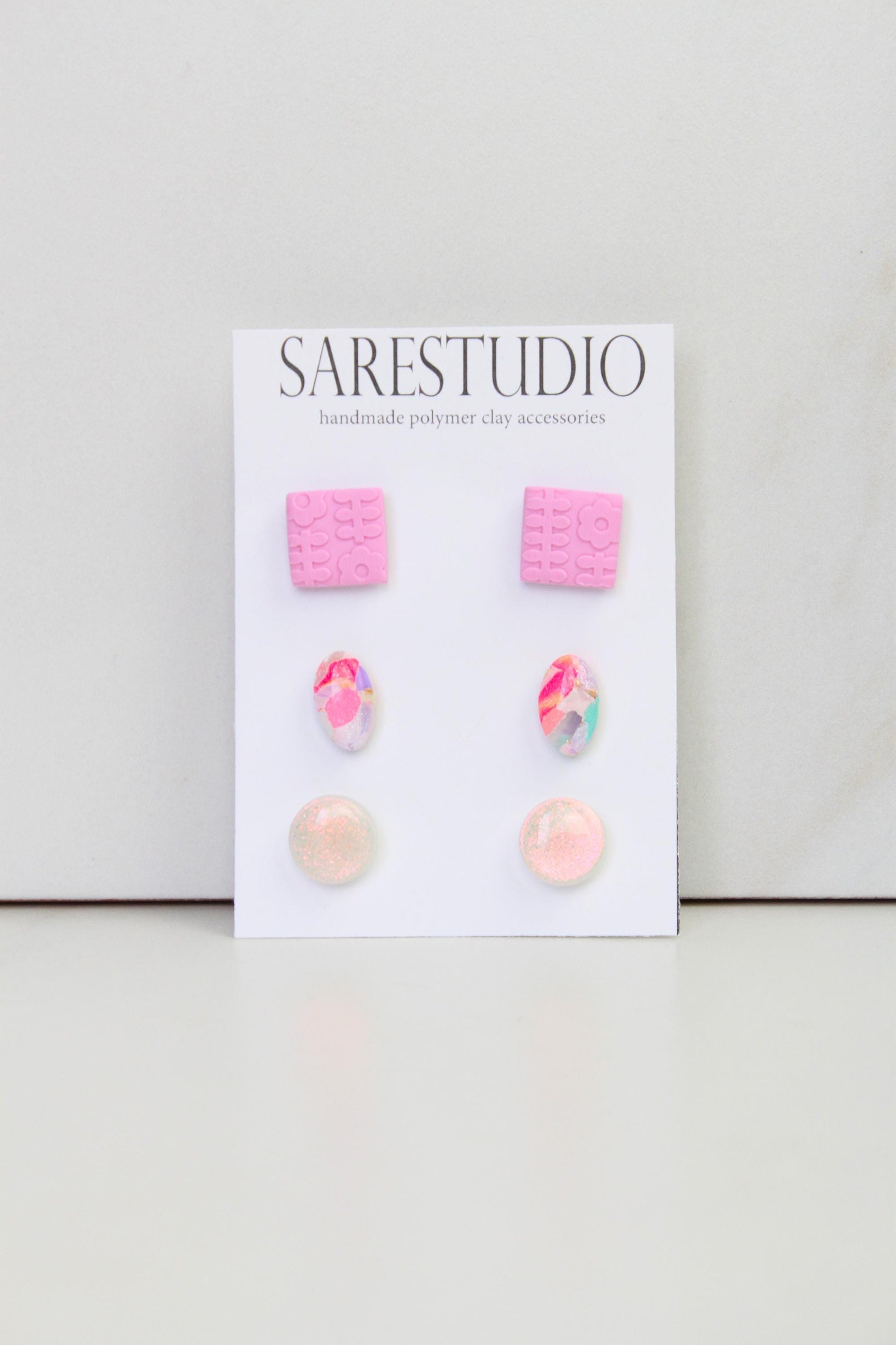 Stud Polymer Clay Earring Set of 3 - Clay Stud Pack - Gift for her - Christmas Gift - Neutral Earring Set - Marble Stud Earrings