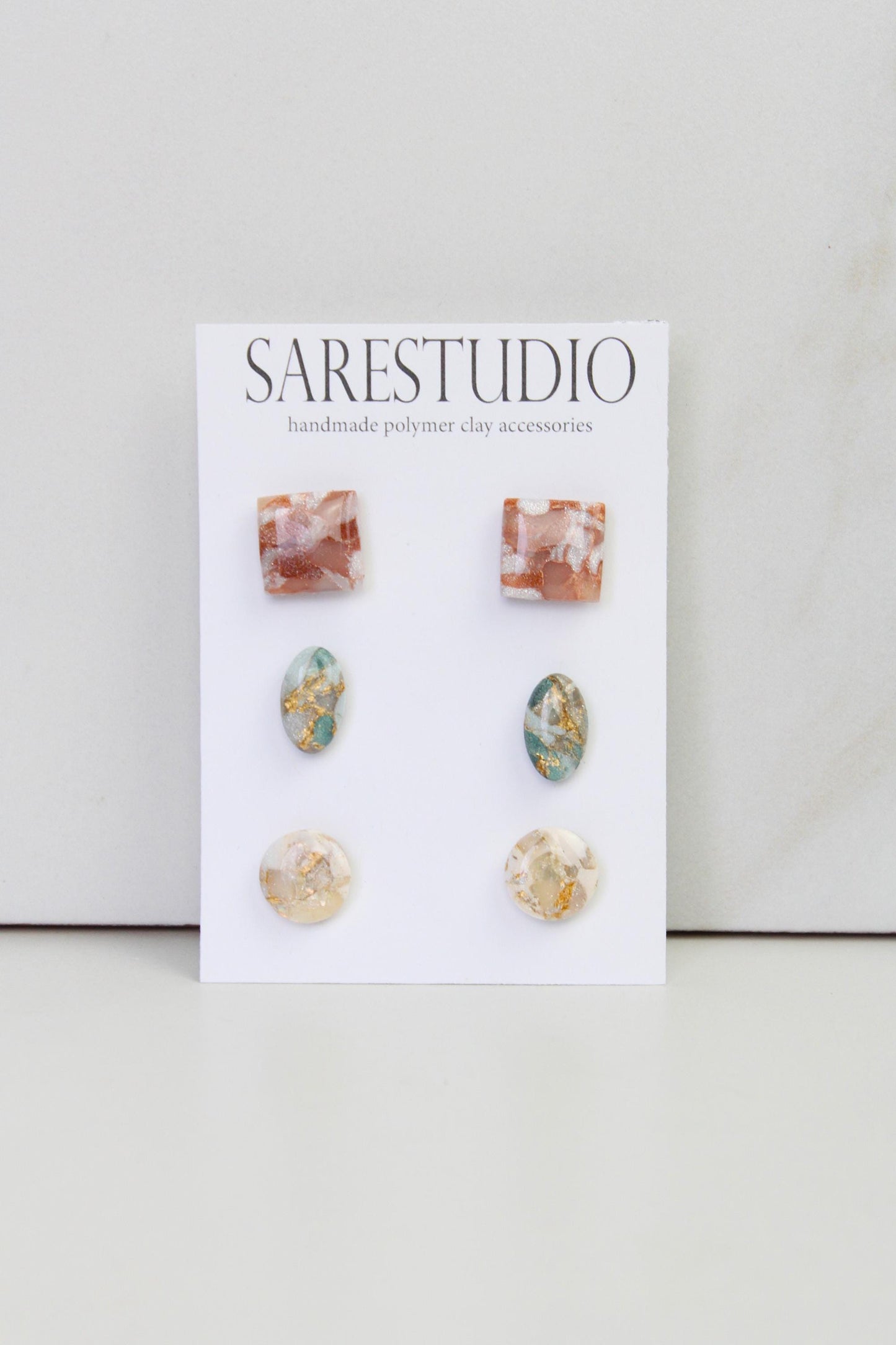 Stud Polymer Clay Earring Set of 3 - Clay Stud Pack - Gift for her - Christmas Gift - Neutral Earring Set - Marble Stud Earrings