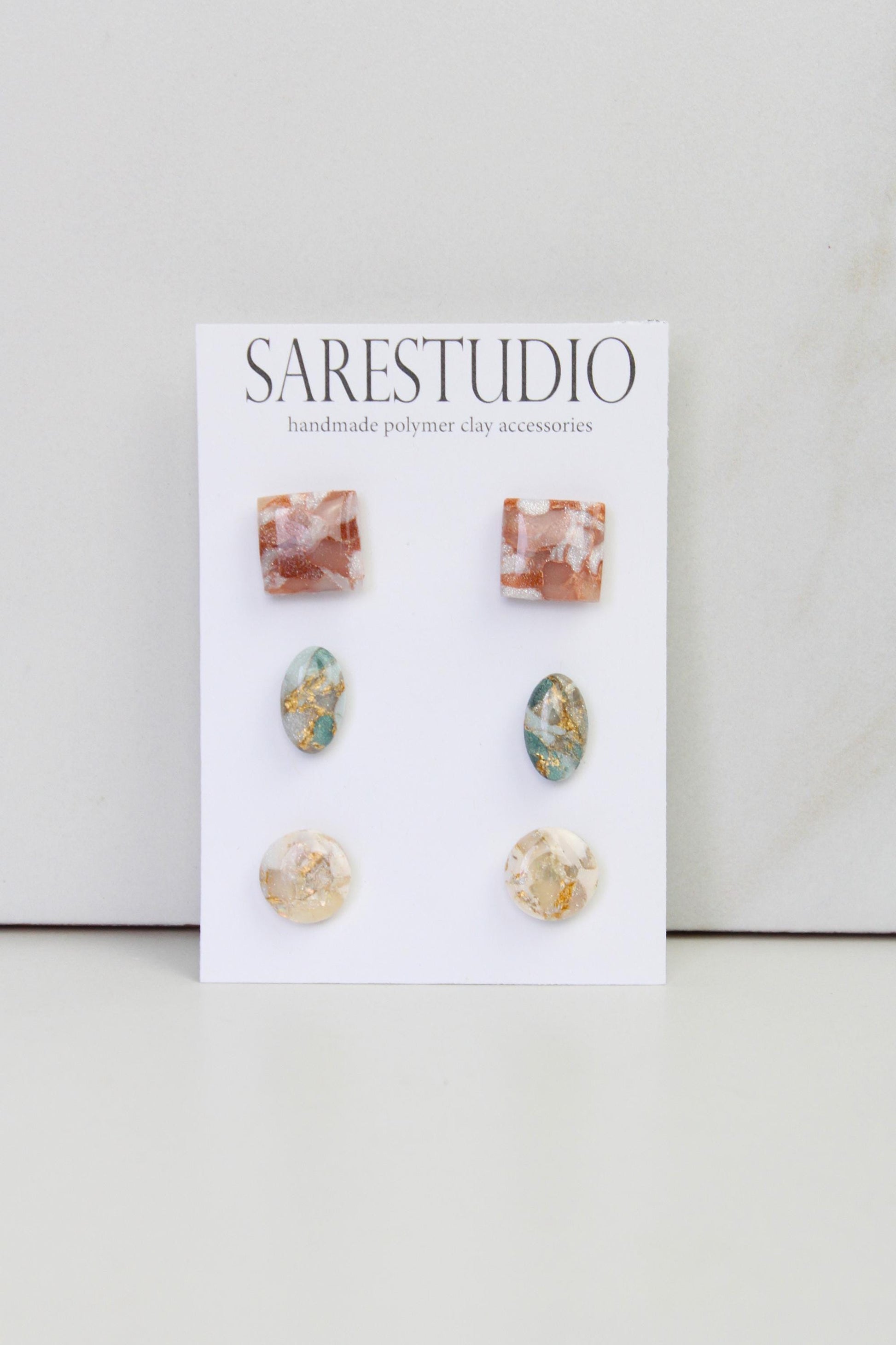 Stud Polymer Clay Earring Set of 3 - Clay Stud Pack - Gift for her - Christmas Gift - Neutral Earring Set - Marble Stud Earrings