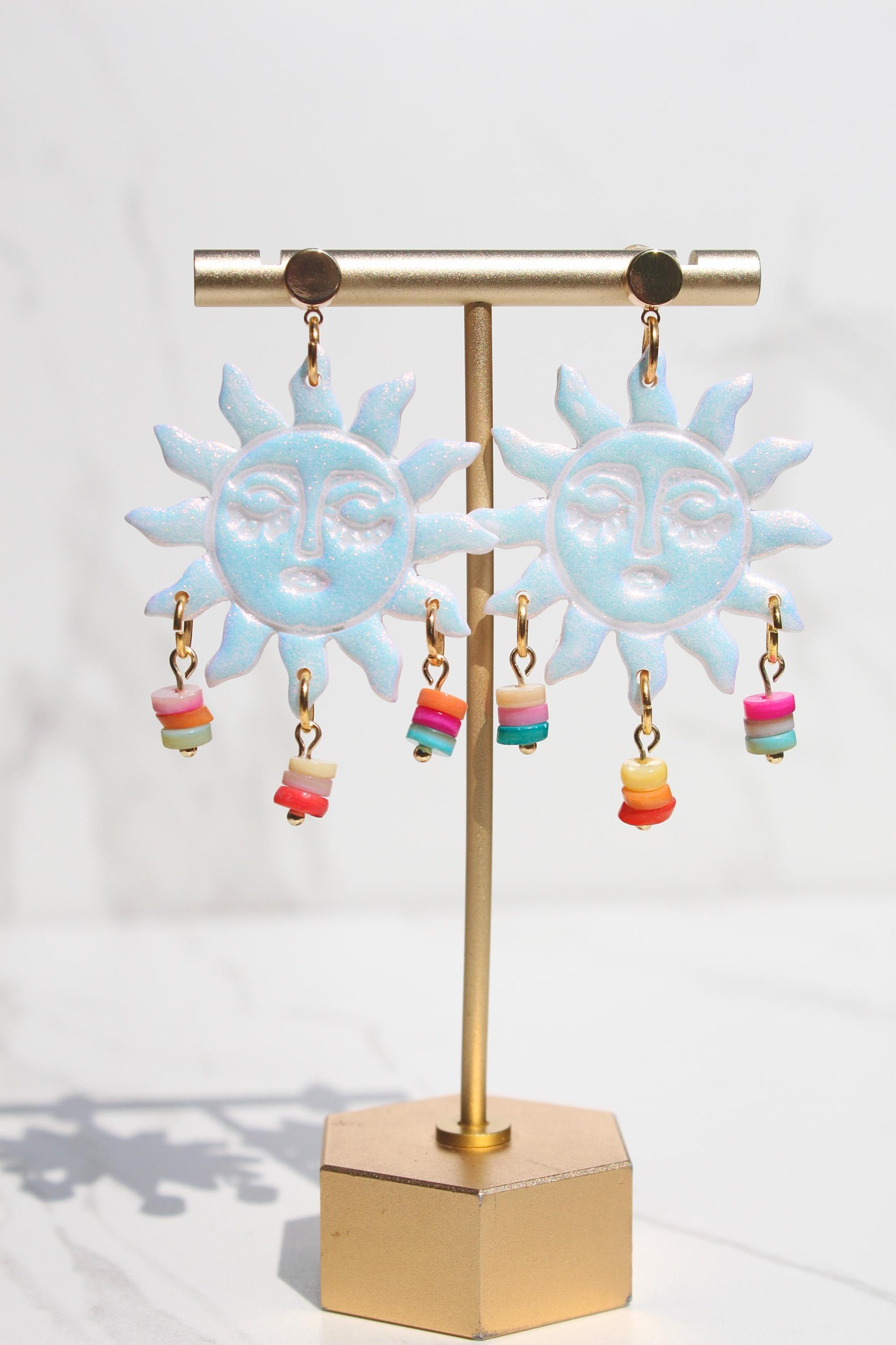 Colorful Sun Earrings – Beaded Polymer Clay Earrings in Pastel & Bright Colors, Handmade Celestial Jewelry, Statement Earrings Gift
