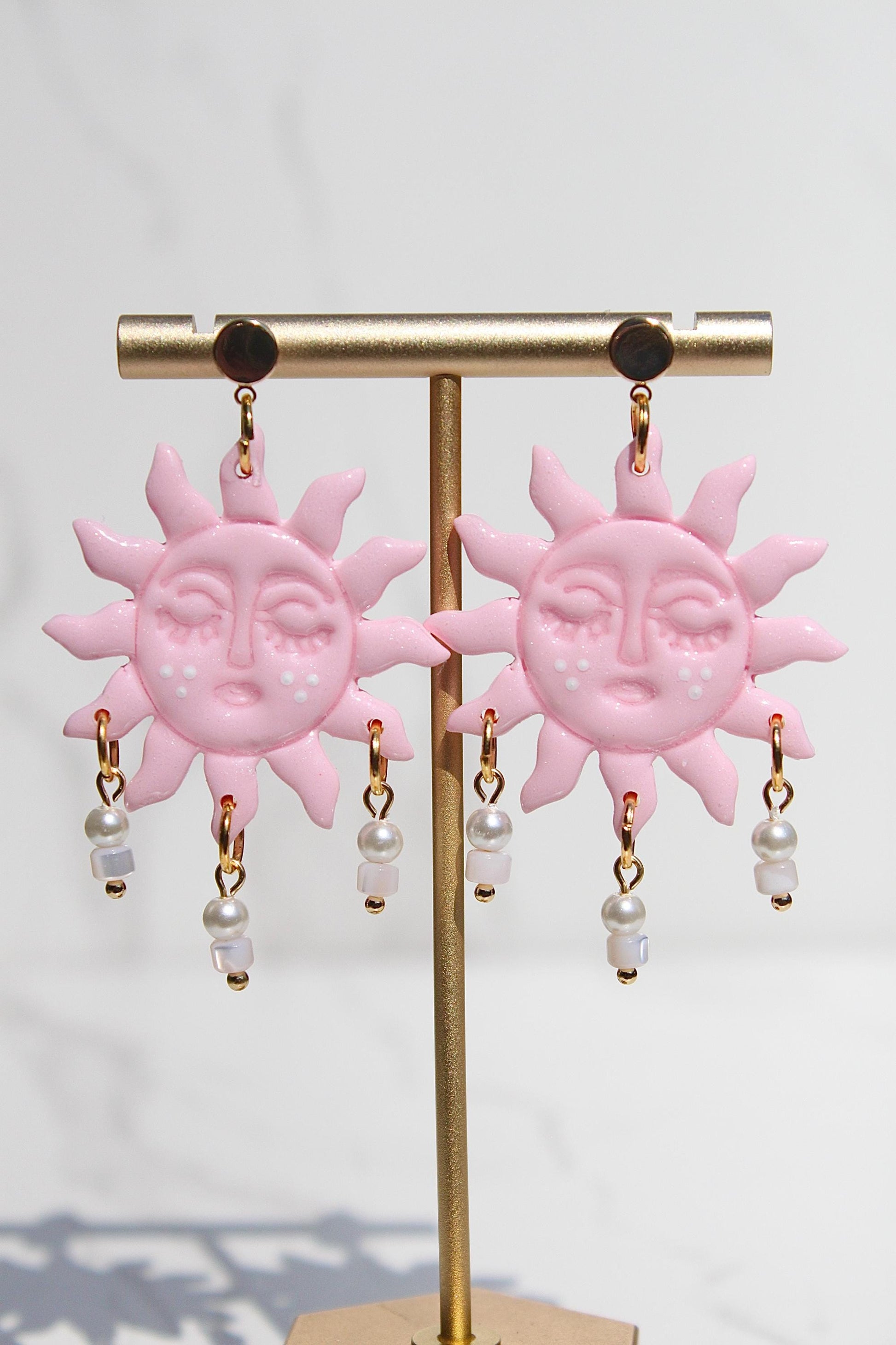 Pink Sun Earrings – Beaded Polymer Clay Earrings in Pastel & Bright Colors, Handmade Celestial Jewelry, Statement Earrings Gift