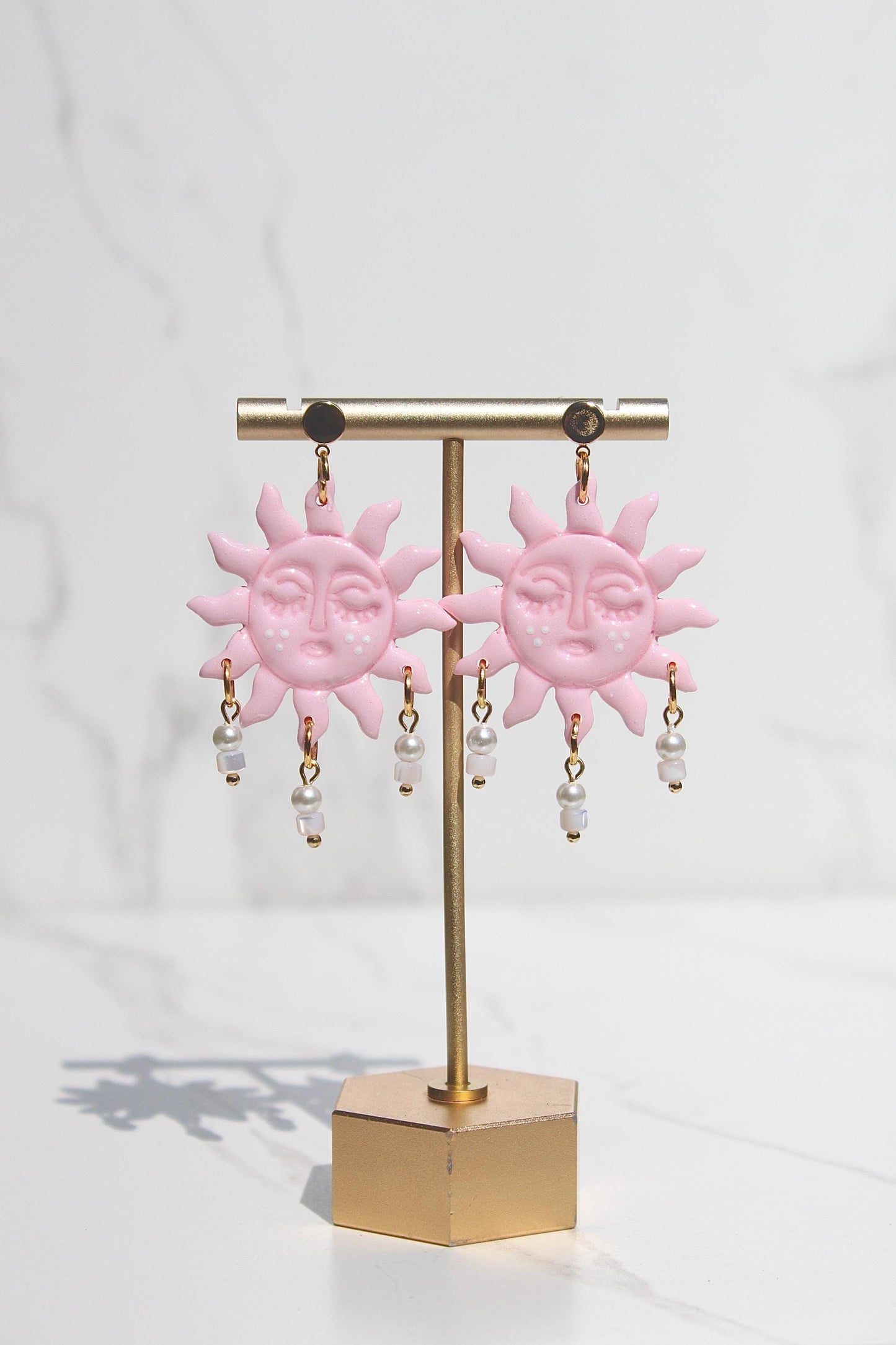 Pink Sun Earrings – Beaded Polymer Clay Earrings in Pastel & Bright Colors, Handmade Celestial Jewelry, Statement Earrings Gift