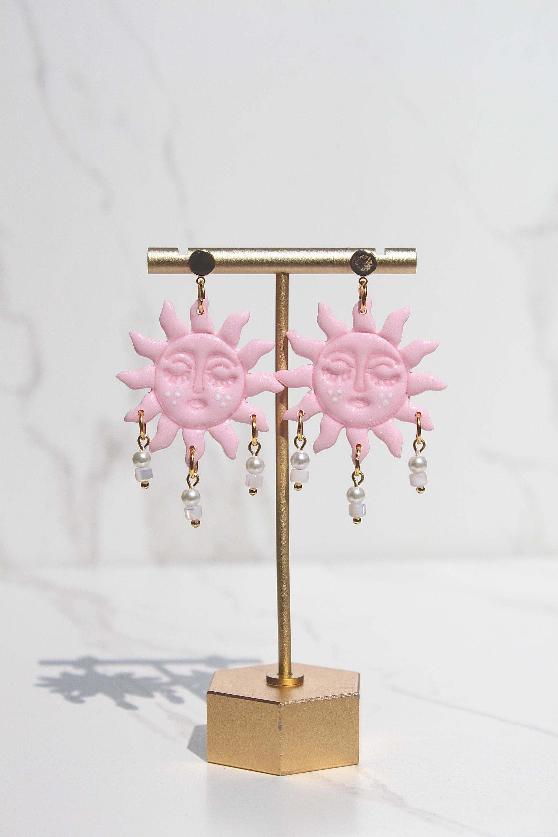 Pink Sun Earrings – Beaded Polymer Clay Earrings in Pastel & Bright Colors, Handmade Celestial Jewelry, Statement Earrings Gift