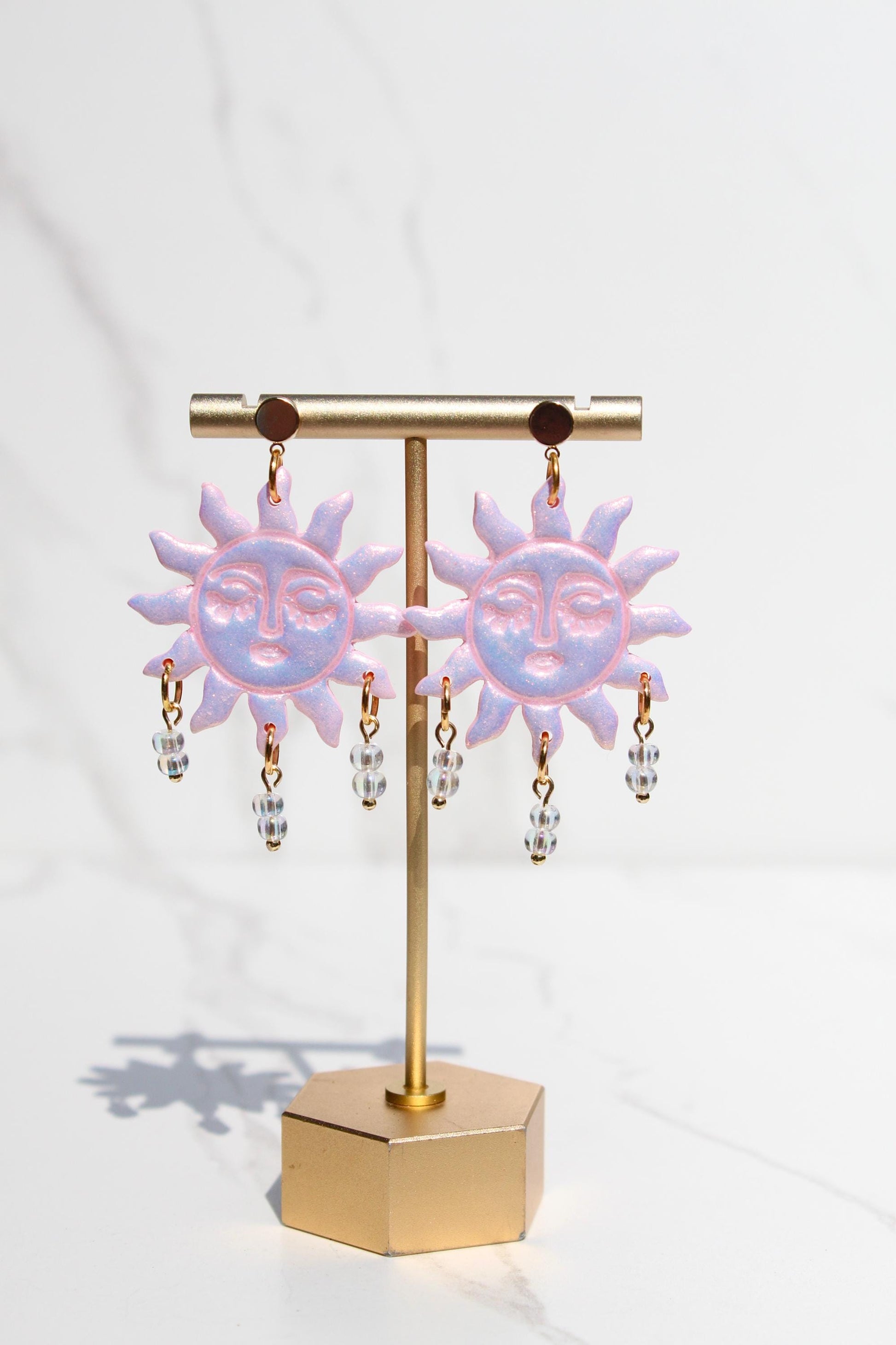 Pink Sun Earrings – Beaded Polymer Clay Earrings in Pastel & Bright Colors, Handmade Celestial Jewelry, Statement Earrings Gift