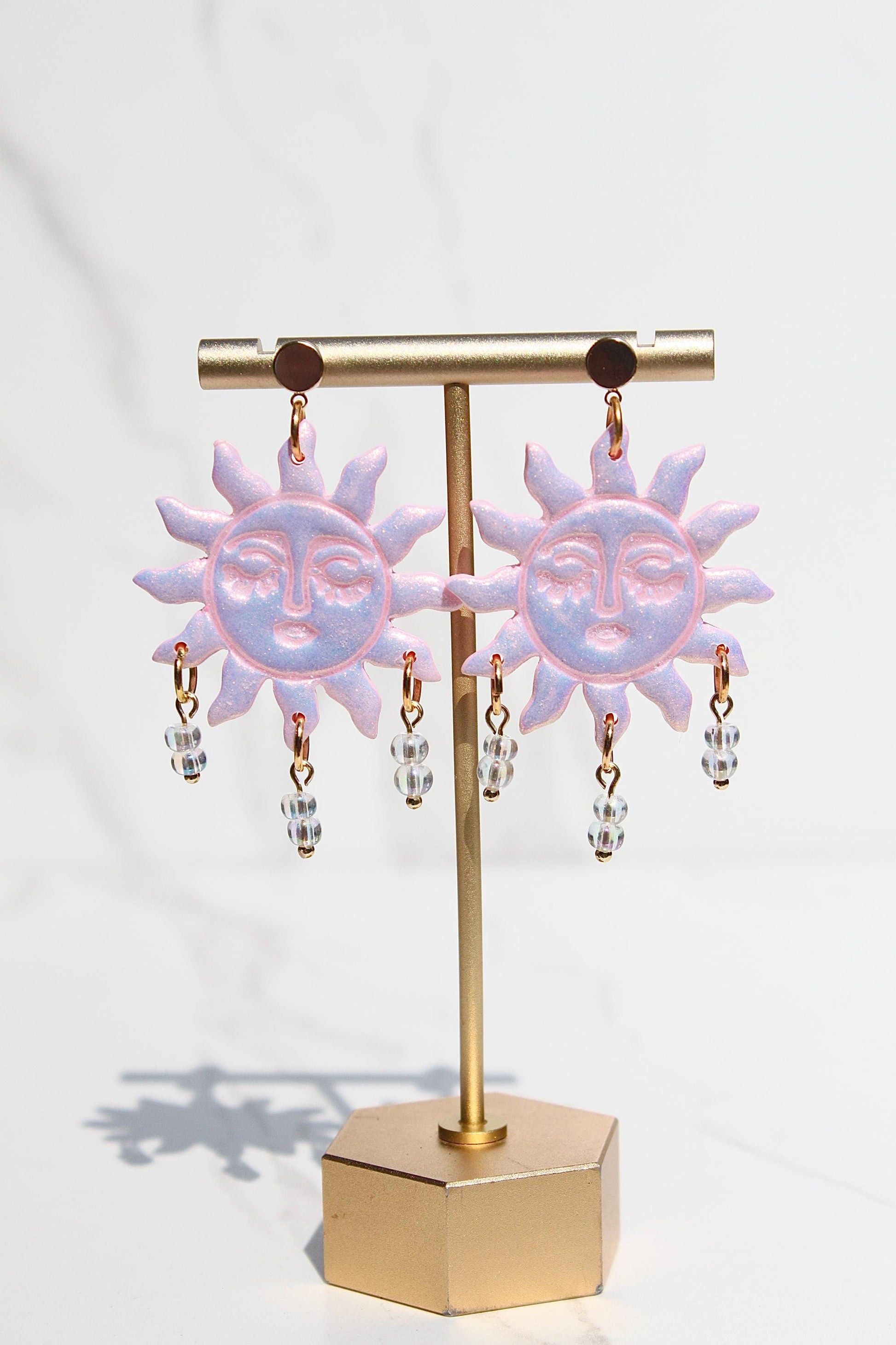Pink Sun Earrings – Beaded Polymer Clay Earrings in Pastel & Bright Colors, Handmade Celestial Jewelry, Statement Earrings Gift