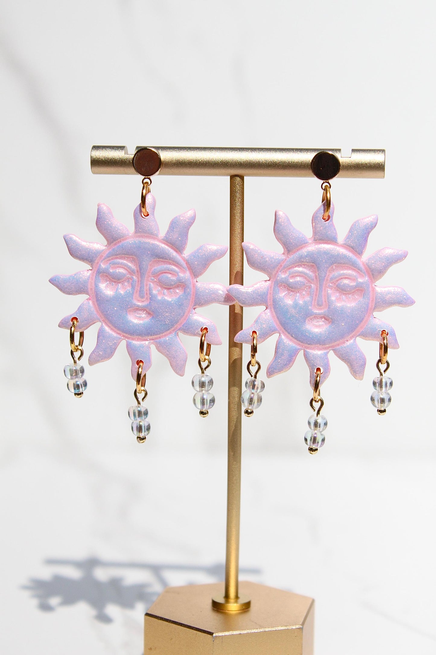 Pink Sun Earrings – Beaded Polymer Clay Earrings in Pastel & Bright Colors, Handmade Celestial Jewelry, Statement Earrings Gift
