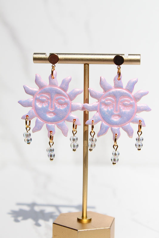 Pink Sun Earrings – Beaded Polymer Clay Earrings in Pastel & Bright Colors, Handmade Celestial Jewelry, Statement Earrings Gift