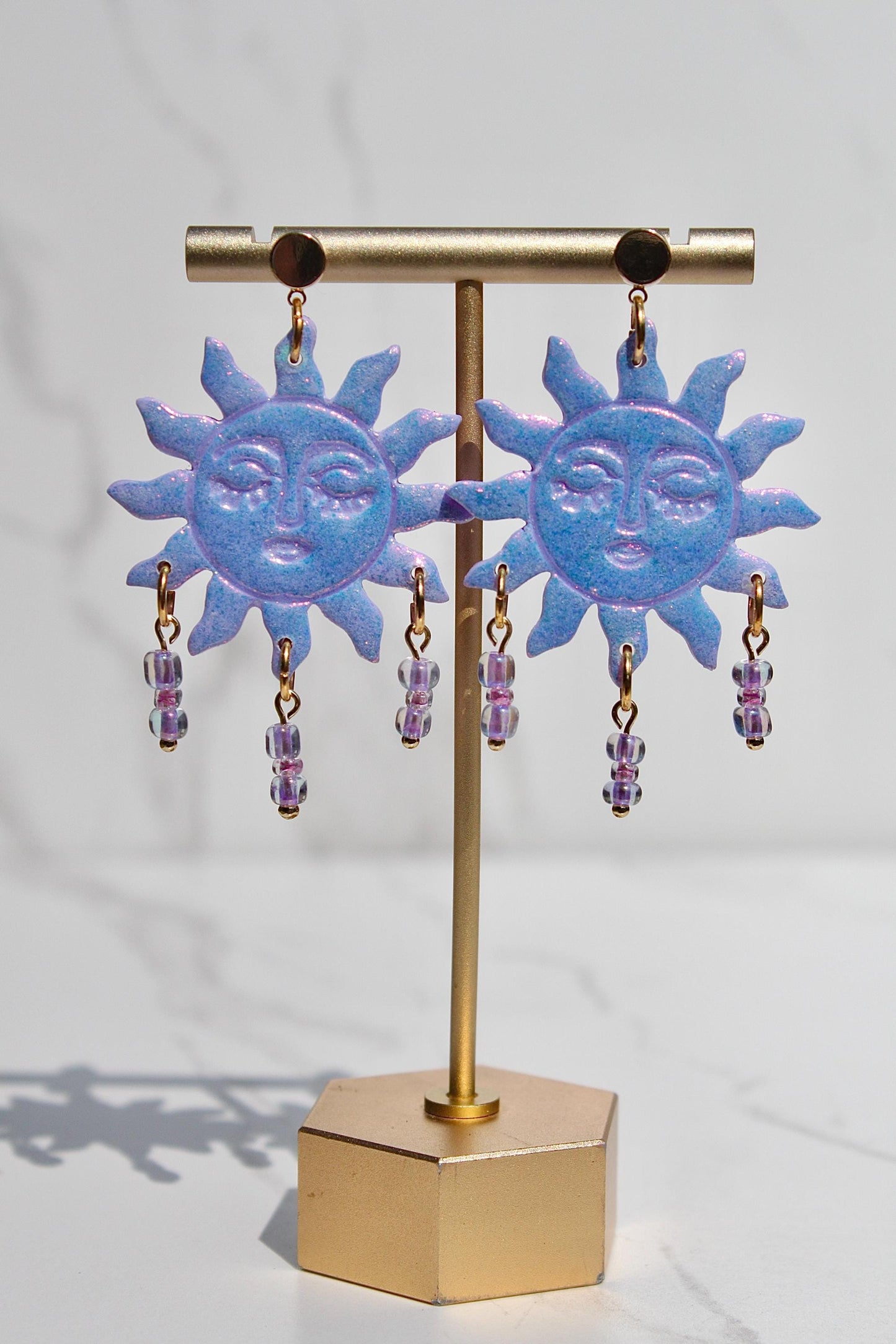 Purple Sun Earrings – Beaded Polymer Clay Earrings in Pastel & Bright Colors, Handmade Celestial Jewelry, Statement Earrings Gift