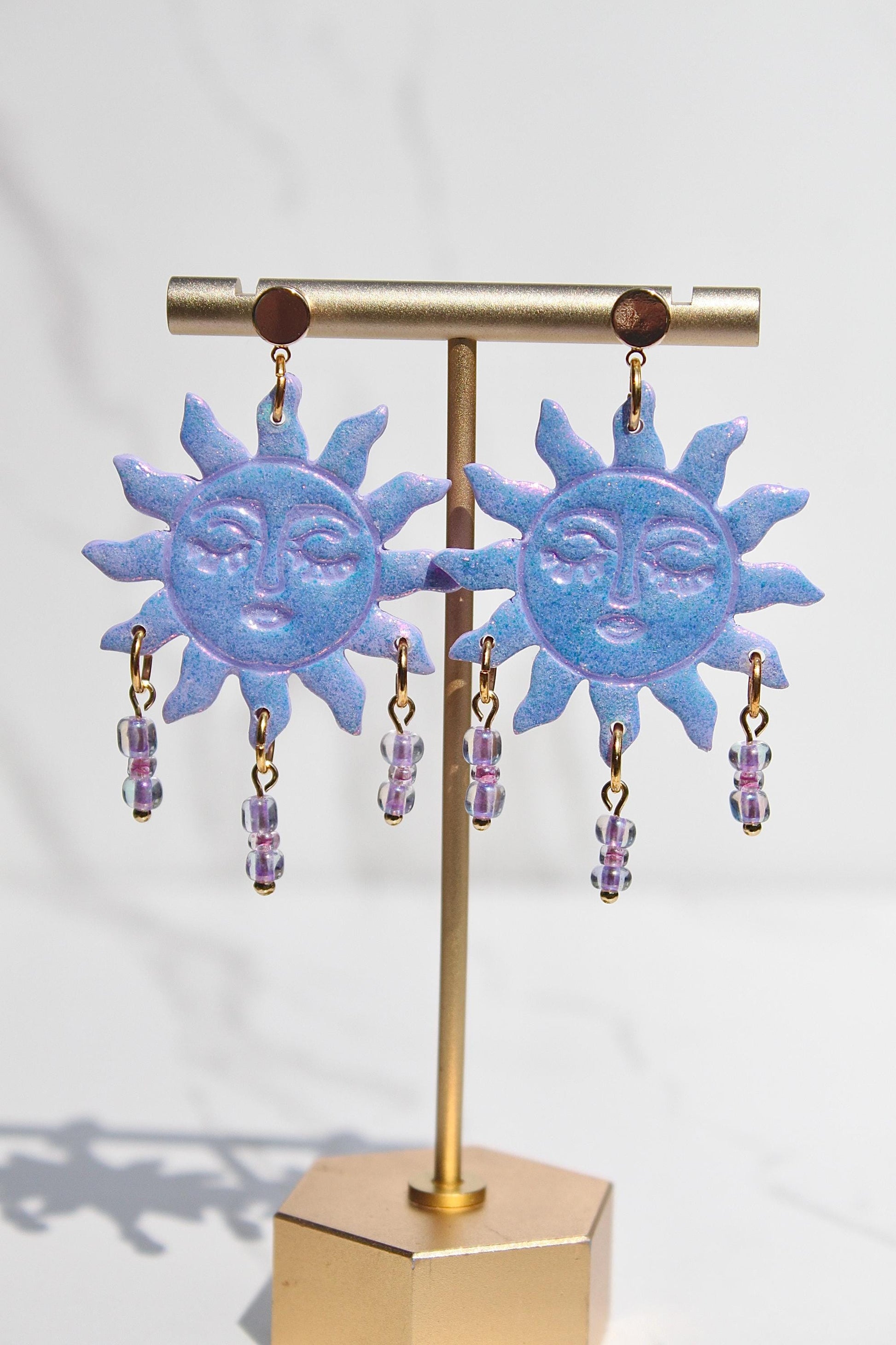 Purple Sun Earrings – Beaded Polymer Clay Earrings in Pastel & Bright Colors, Handmade Celestial Jewelry, Statement Earrings Gift
