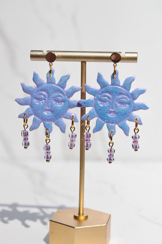 Purple Sun Earrings – Beaded Polymer Clay Earrings in Pastel & Bright Colors, Handmade Celestial Jewelry, Statement Earrings Gift