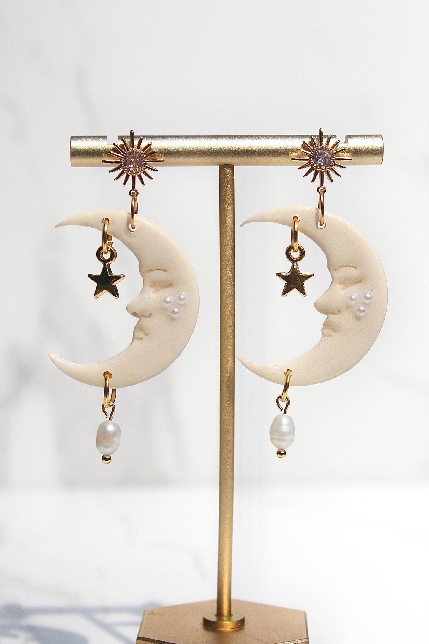 Celestial Moon Earrings – Handmade Clay Earrings with Gold Star & Pearl Dangle, Sunburst Stud Earrings, Dreamy Gift for Her, Moon Earrings