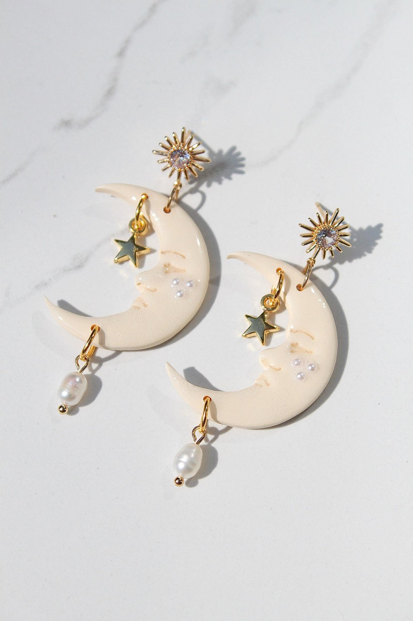 Celestial Moon Earrings – Handmade Clay Earrings with Gold Star & Pearl Dangle, Sunburst Stud Earrings, Dreamy Gift for Her, Moon Earrings
