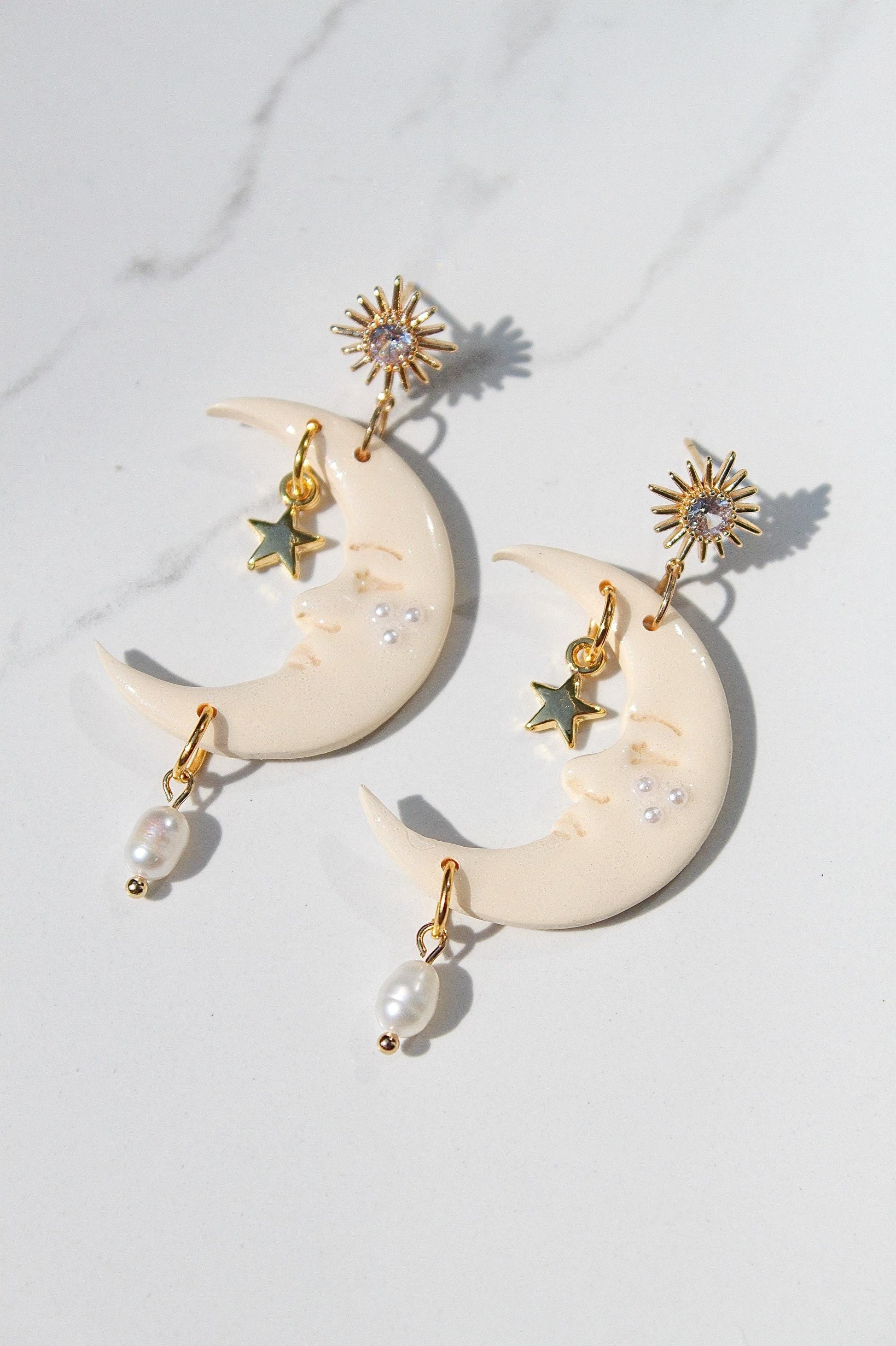 Celestial Moon Earrings – Handmade Clay Earrings with Gold Star & Pearl Dangle, Sunburst Stud Earrings, Dreamy Gift for Her, Moon Earrings