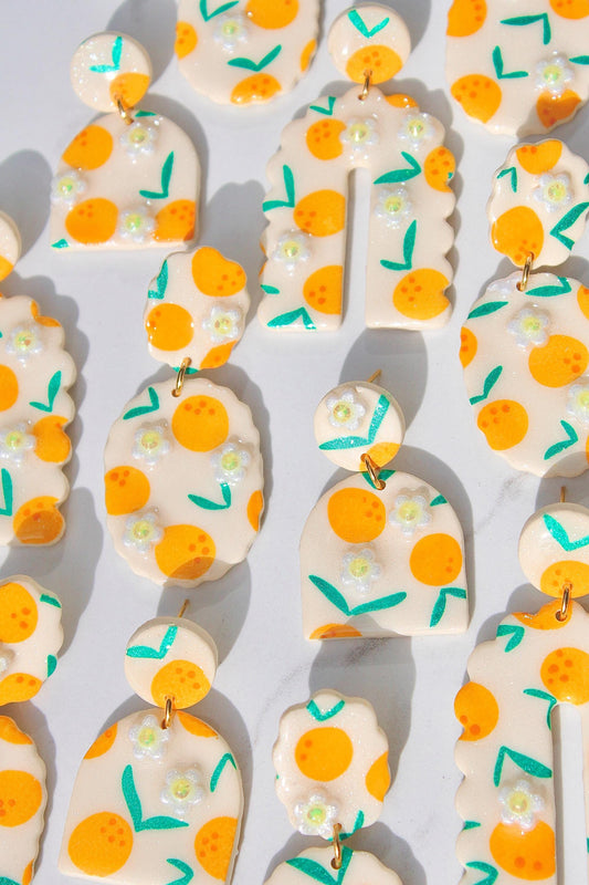 Citrus Earrings – Orange Blossom Clay Earrings with Hand-Painted Oranges & Clay Flowers, Summer Fruit Jewelry, Handmade Gift for Her