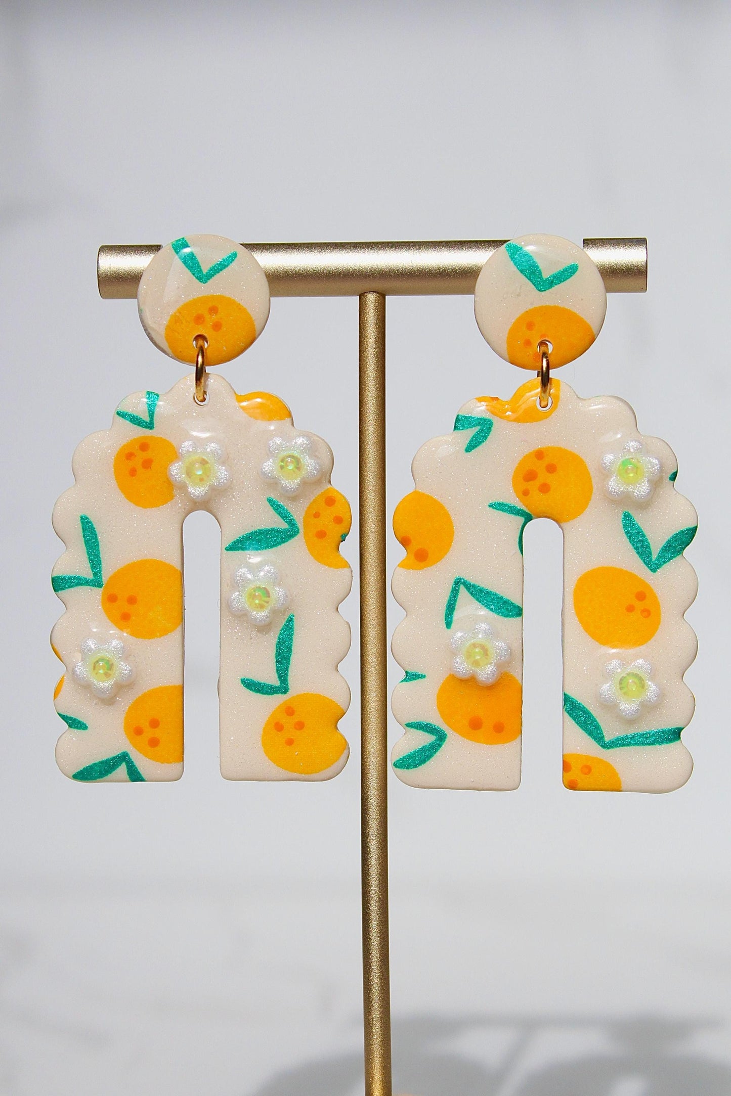 Citrus Earrings – Orange Blossom Clay Earrings with Hand-Painted Oranges & Clay Flowers, Summer Fruit Jewelry, Handmade Gift for Her