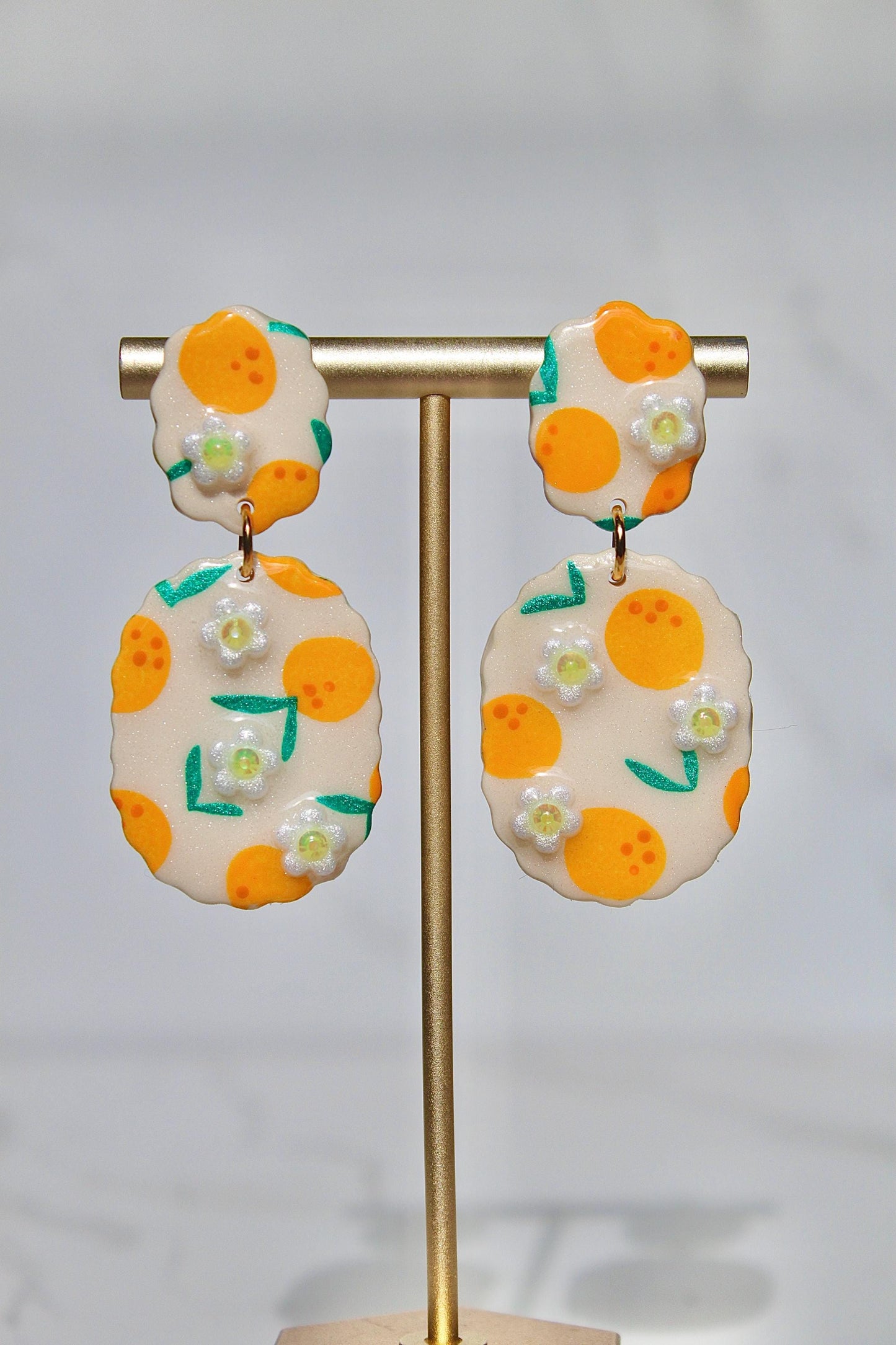 Citrus Earrings – Orange Blossom Clay Earrings with Hand-Painted Oranges & Clay Flowers, Summer Fruit Jewelry, Handmade Gift for Her