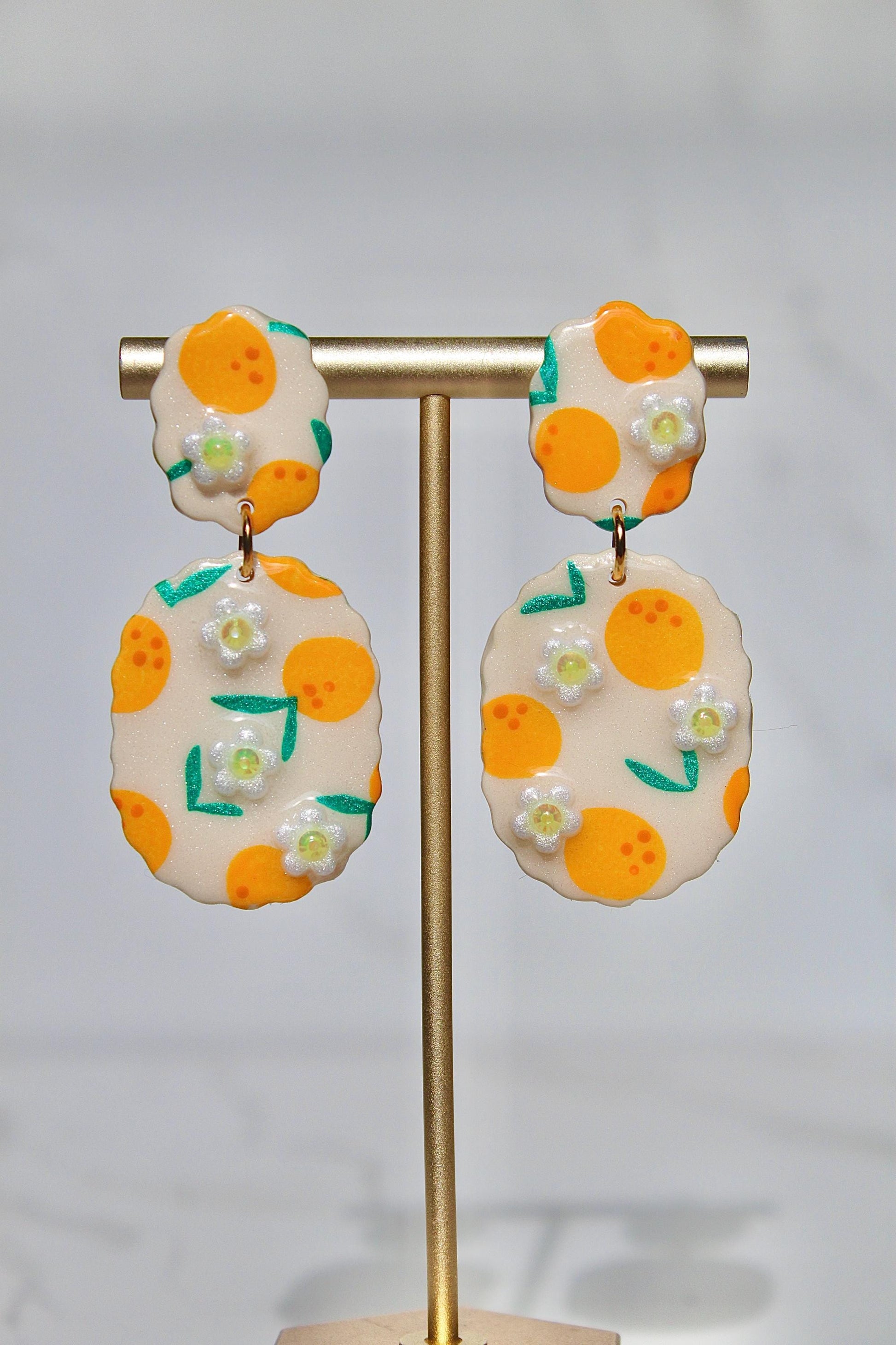 Citrus Earrings – Orange Blossom Clay Earrings with Hand-Painted Oranges & Clay Flowers, Summer Fruit Jewelry, Handmade Gift for Her