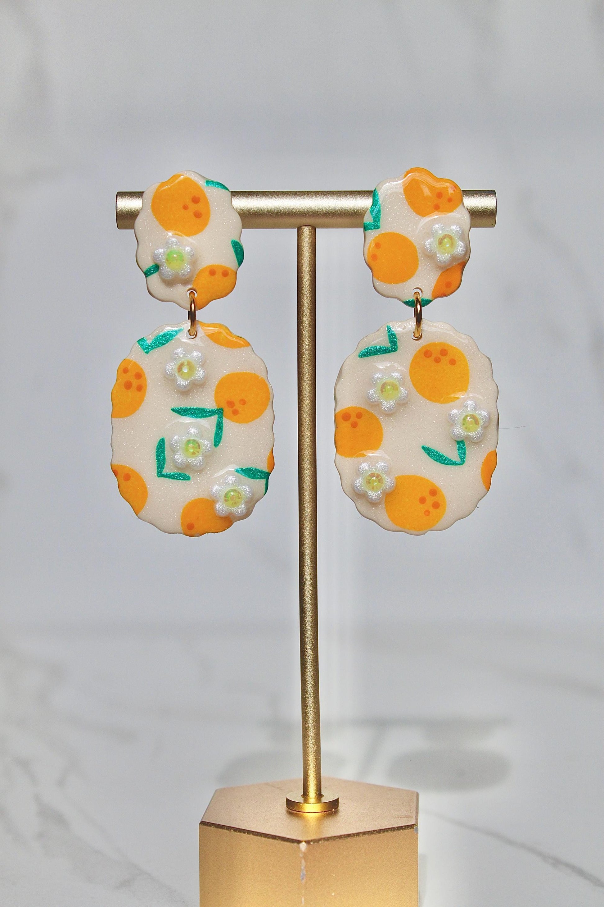 Citrus Earrings – Orange Blossom Clay Earrings with Hand-Painted Oranges & Clay Flowers, Summer Fruit Jewelry, Handmade Gift for Her