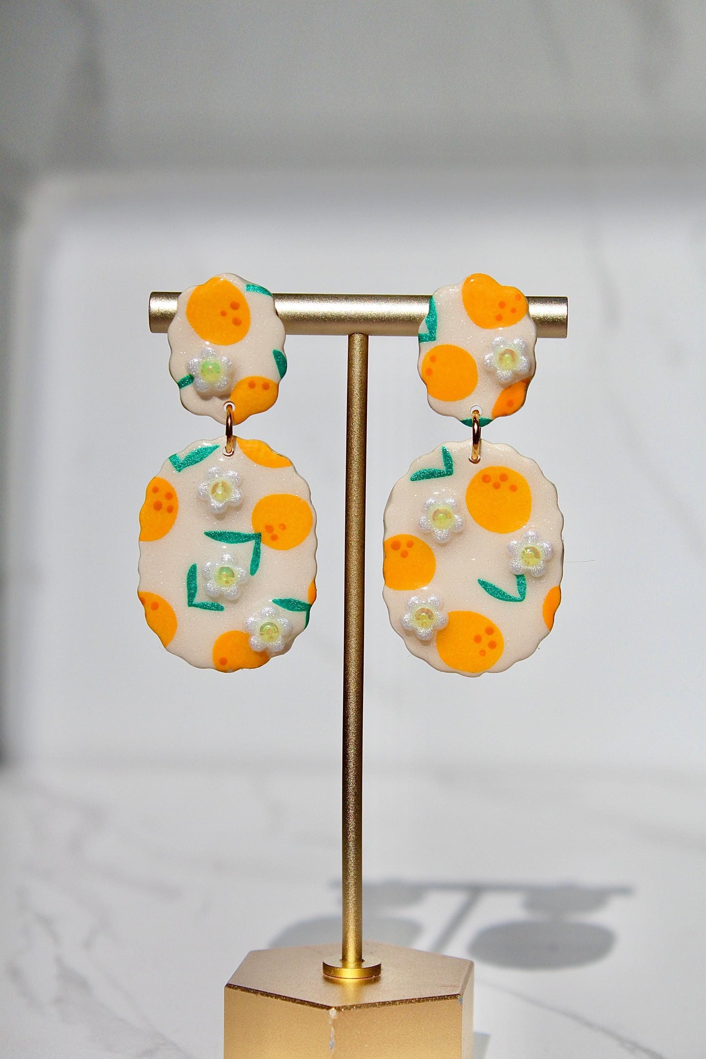 Citrus Earrings – Orange Blossom Clay Earrings with Hand-Painted Oranges & Clay Flowers, Summer Fruit Jewelry, Handmade Gift for Her