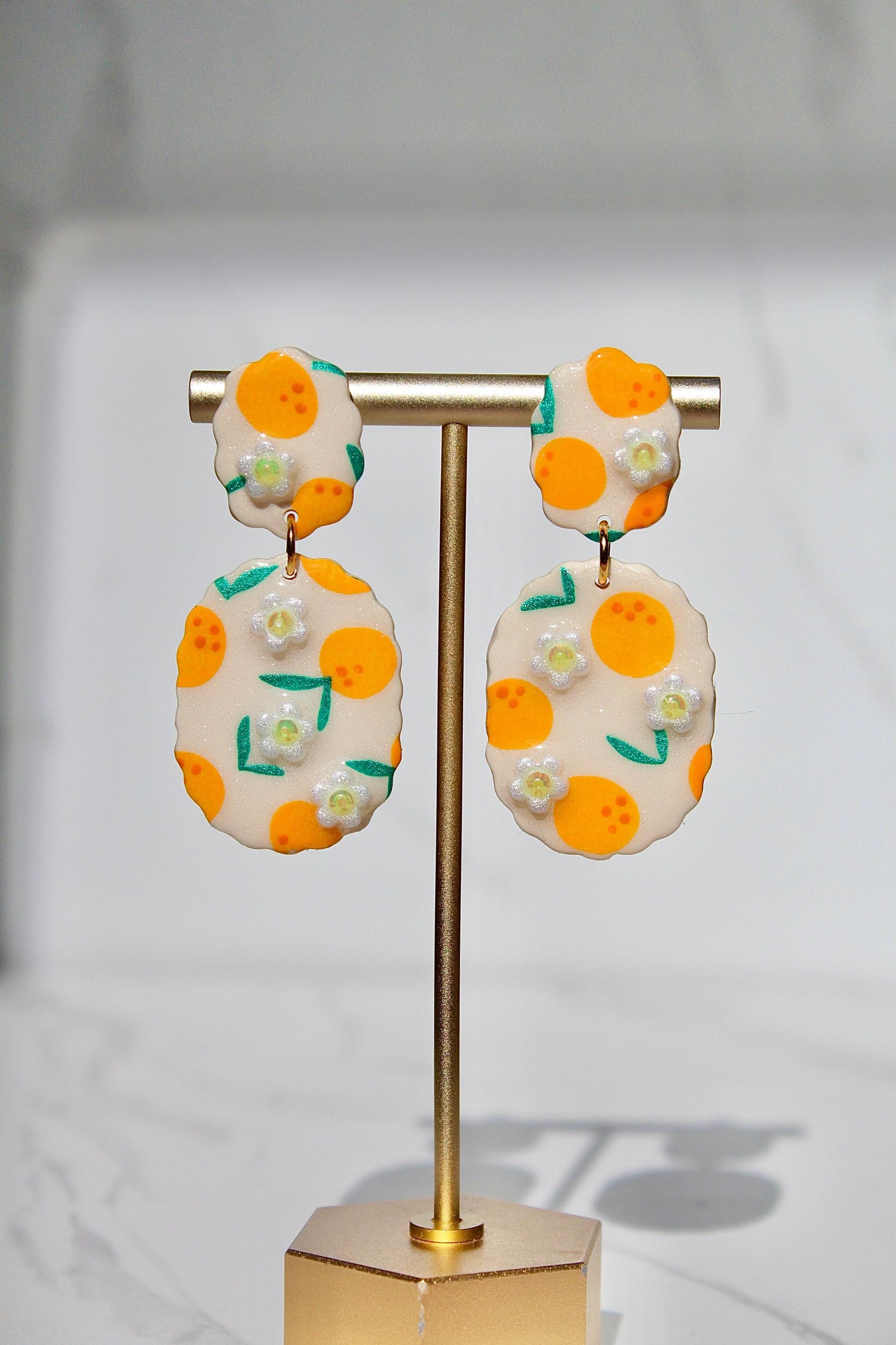 Citrus Earrings – Orange Blossom Clay Earrings with Hand-Painted Oranges & Clay Flowers, Summer Fruit Jewelry, Handmade Gift for Her