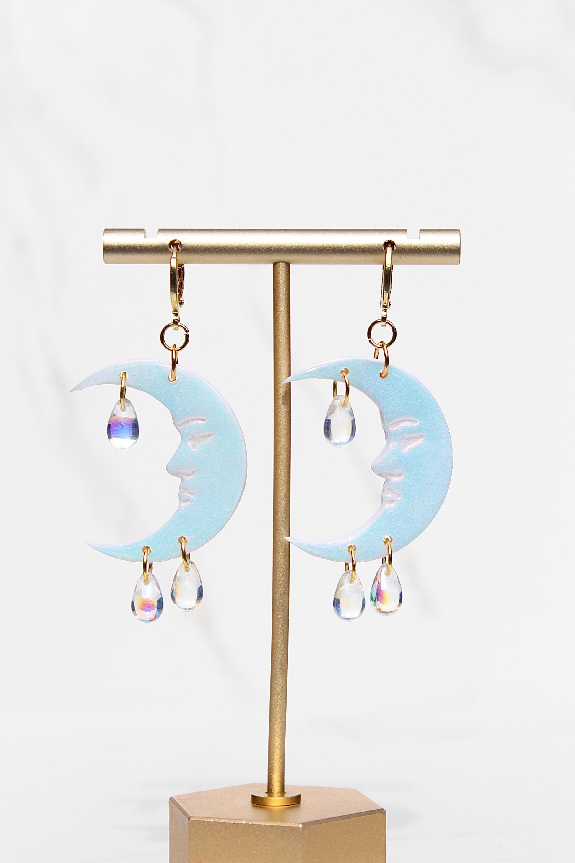 Celestial Iridescent Moon Earrings – Handmade Clay Earrings with Iridescent Teardrops, Dreamy Gift for Her, Moon Earrings
