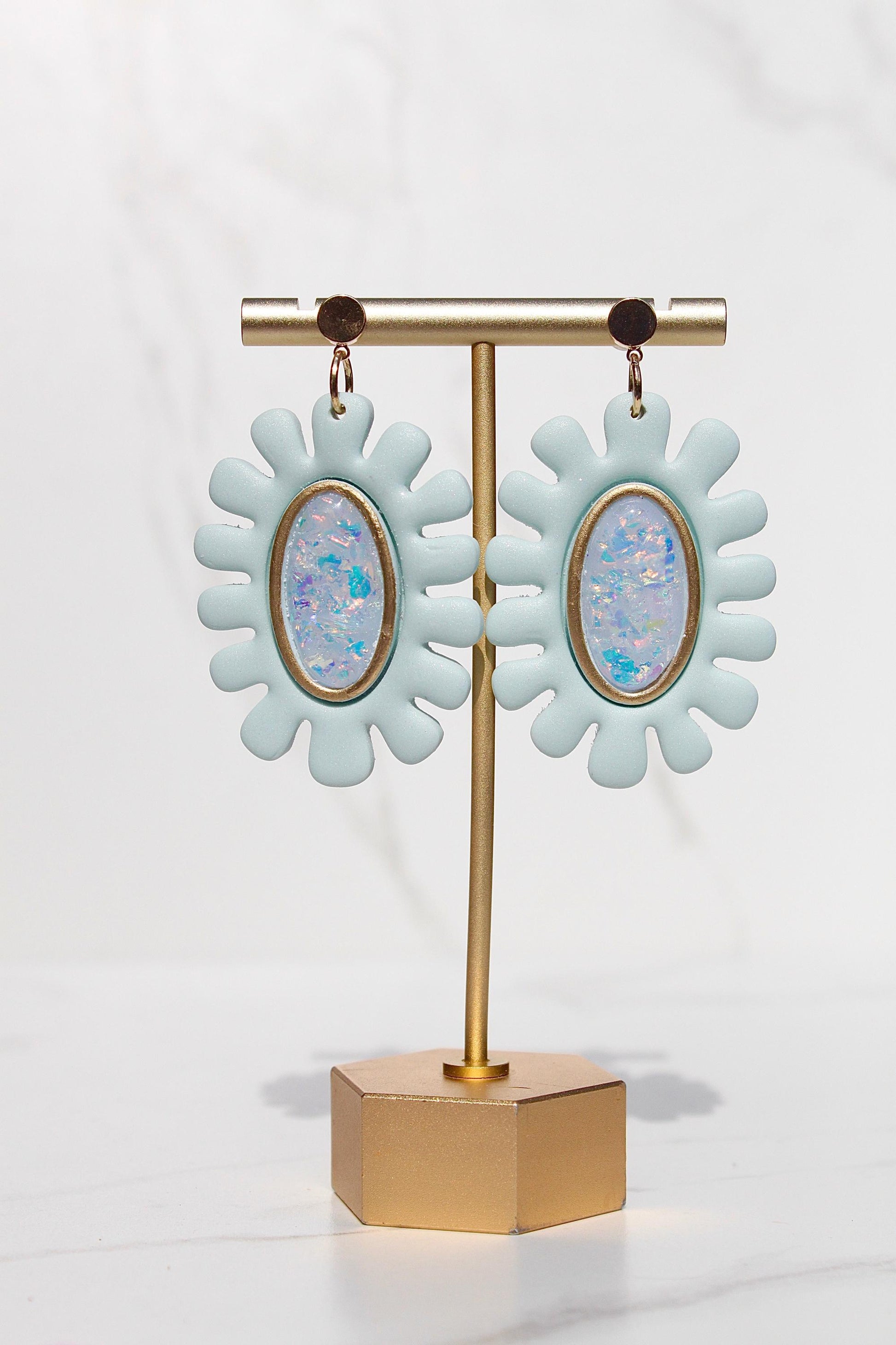 Opalescent Statement Clay Earrings – Pink & Blue Iridescent Shine