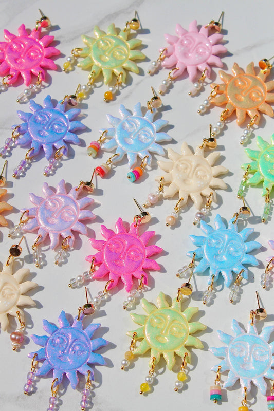 Colorful Sun Earrings – Beaded Polymer Clay Earrings in Pastel & Bright Colors, Handmade Celestial Jewelry, Statement Earrings Gift