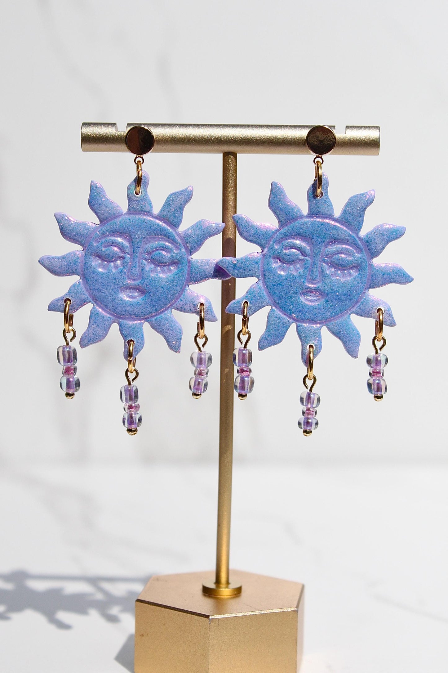 Purple Sun Earrings – Beaded Polymer Clay Earrings in Pastel & Bright Colors, Handmade Celestial Jewelry, Statement Earrings Gift