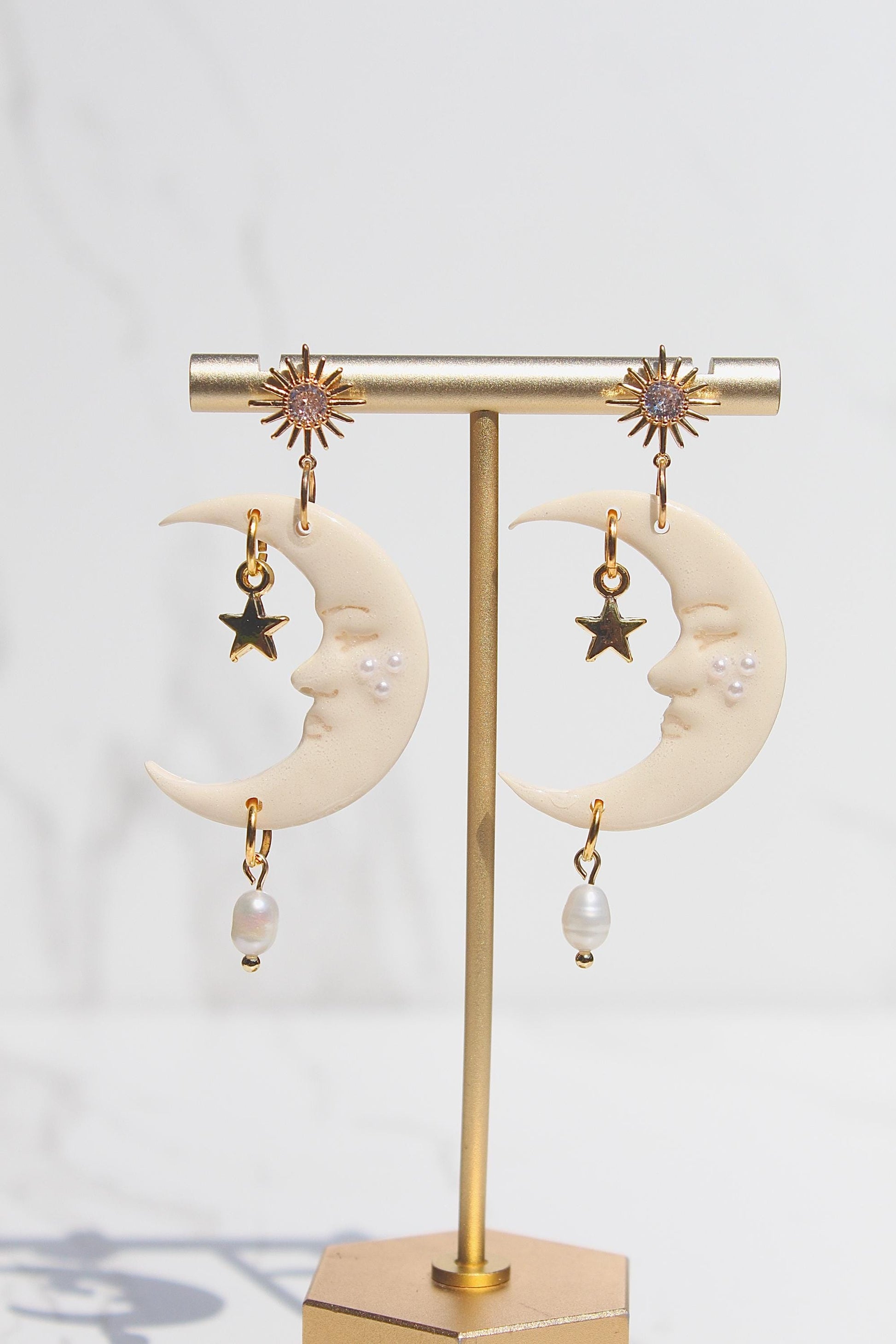 Celestial Moon Earrings – Handmade Clay Earrings with Gold Star & Pearl Dangle, Sunburst Stud Earrings, Dreamy Gift for Her, Moon Earrings