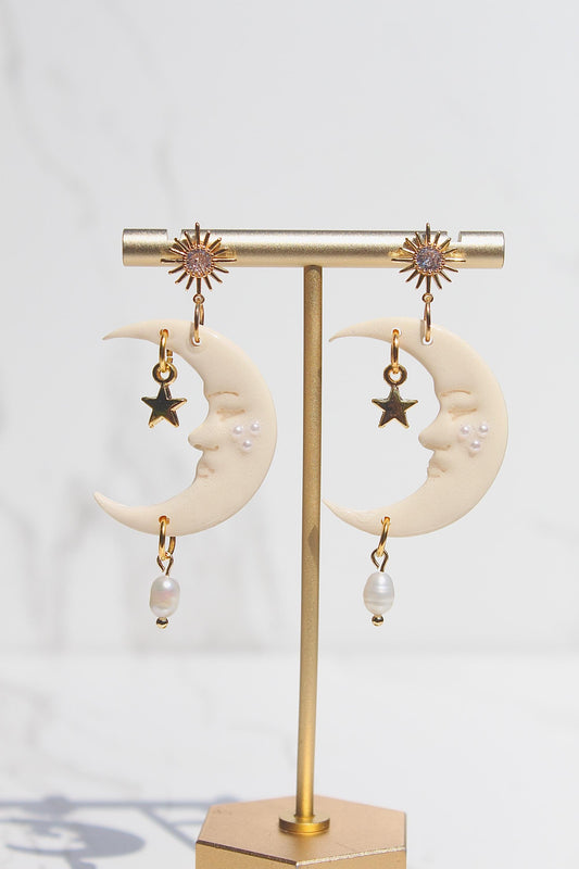 Celestial Moon Earrings – Handmade Clay Earrings with Gold Star & Pearl Dangle, Sunburst Stud Earrings, Dreamy Gift for Her, Moon Earrings